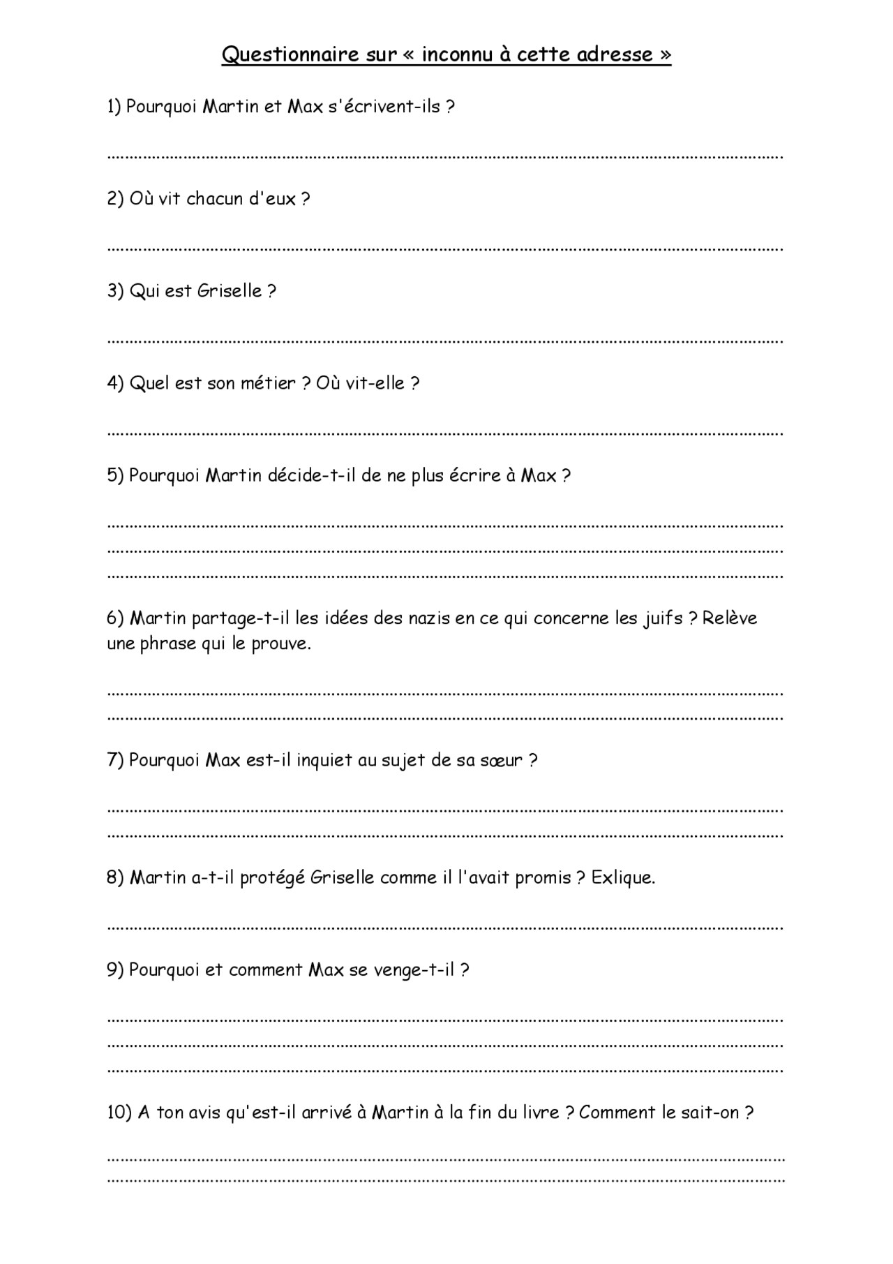 Questionnaire sur « inconnu à cette adresse » | Exercices Littérature ...