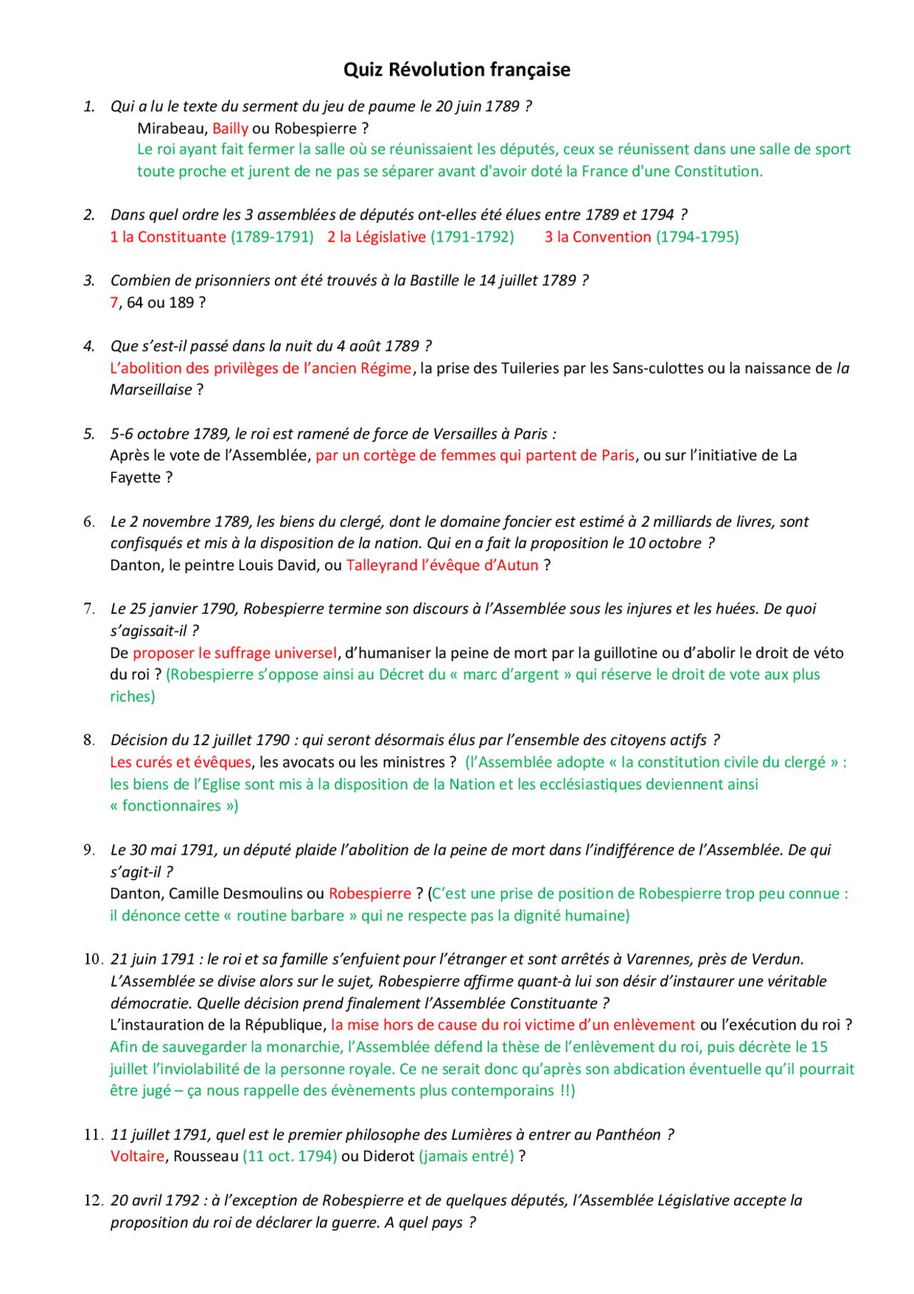 Quiz La Revolution Francaise Et L empire 1ere Quiz Révolution française avec réponses | Exercices Histoire | Docsity