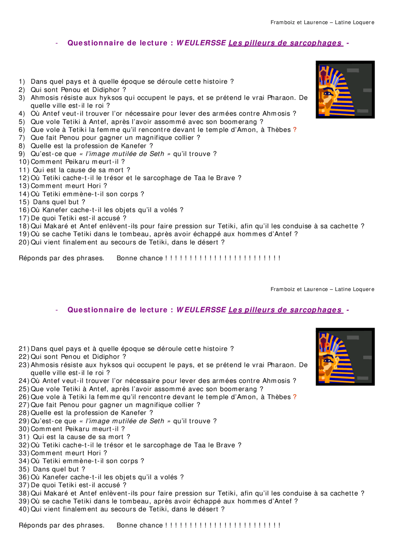 Fiche De Lecture L Affaire Caius 6eme Questionnaire de lecture: Les pilleurs de sarcophages, Weulersse |  Exercices Littérature | Docsity