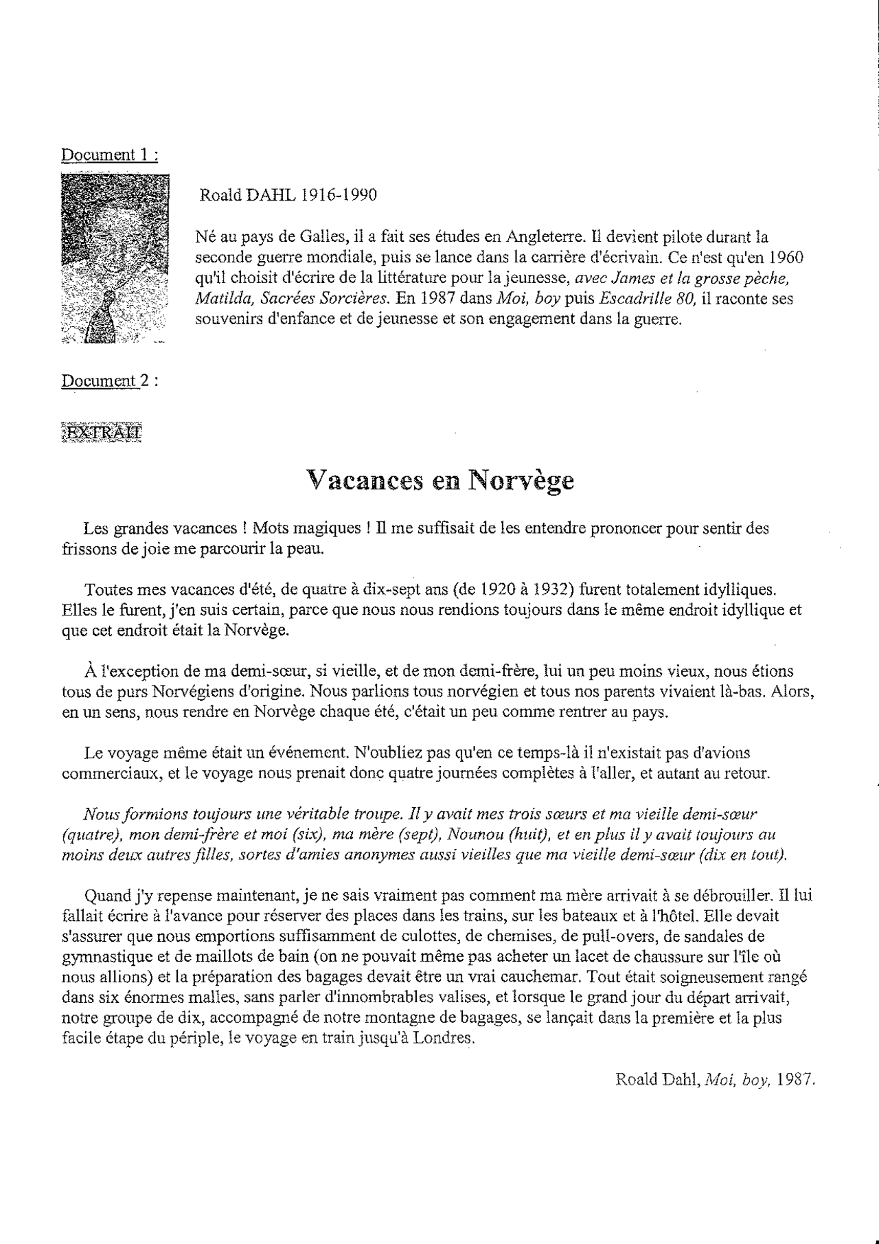Escadrille 80 Résumé Chapitre Par Chapitre Rahl, Moi boy - Vacances en Norvège - questionnaire | Exercices Littérature  | Docsity