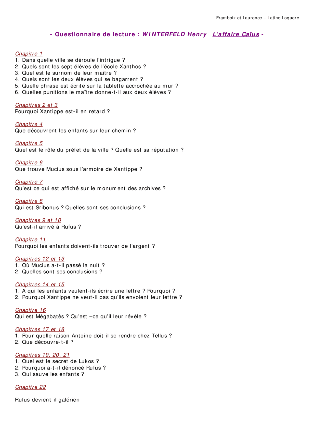 Questionnaire de lecture Winterfeld L’affaire Caïus Exercices Littérature Docsity Questionnaire de lecture Winterfeld L’affaire Caïus Exercices Littérature Docsity