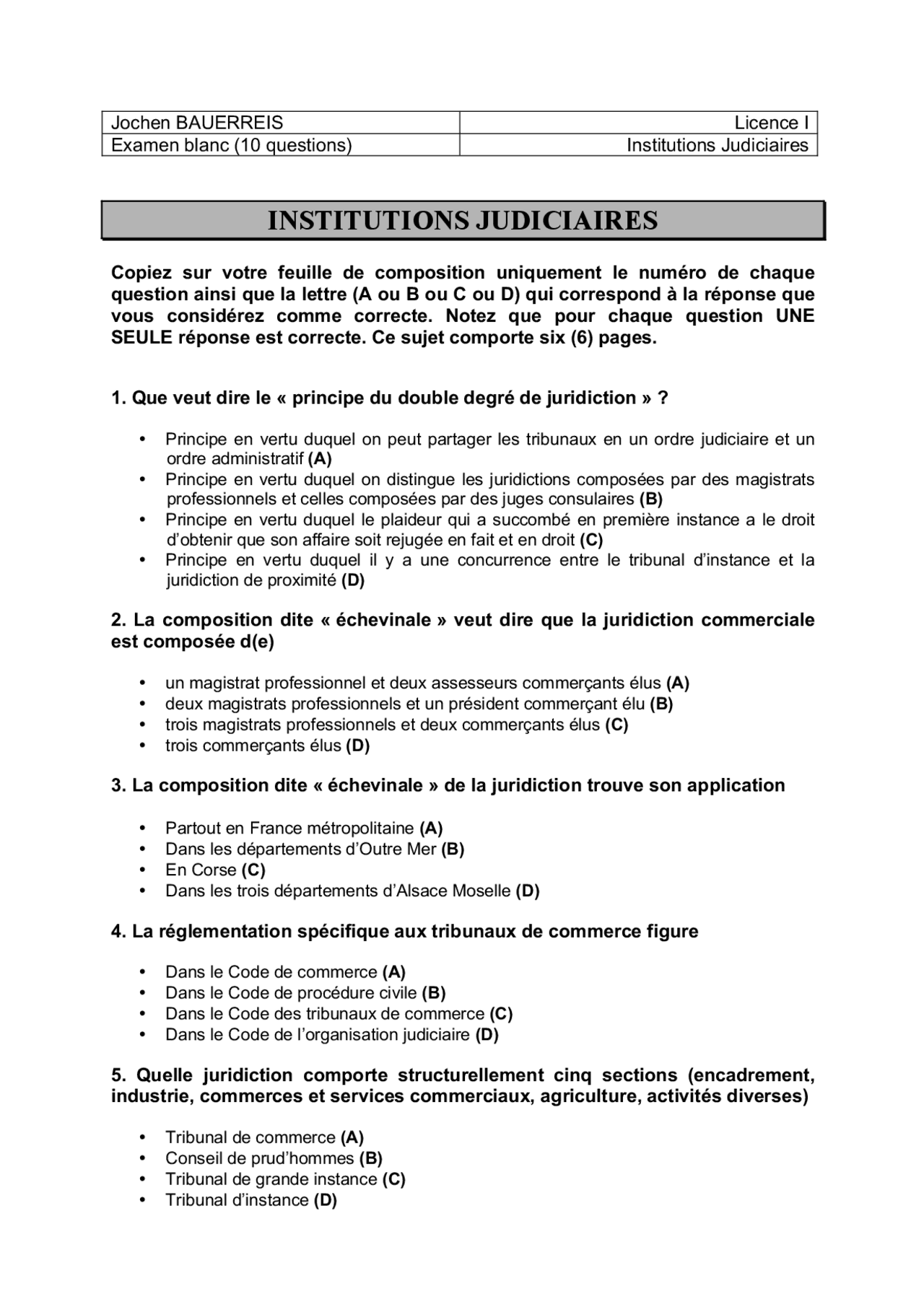 Qcm Institutions Juridictionnelles L1 Droit