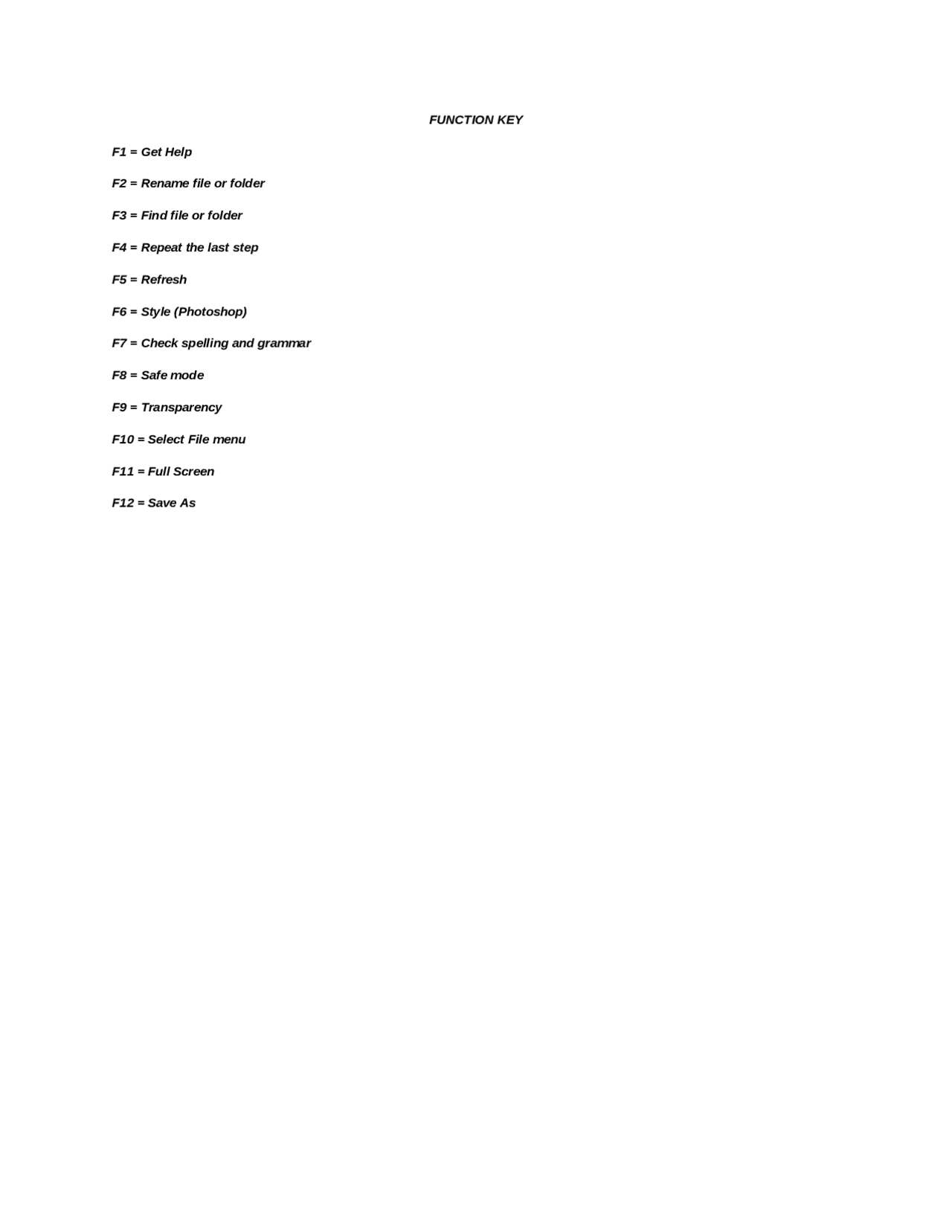 F Keys Function Chart.pdf FUNCTION KEYS short cuts about how to use keyboard - Docsity