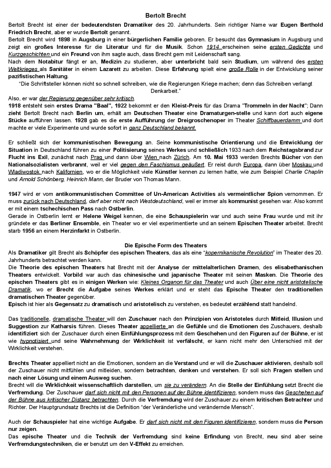 Bertolt Brecht: vita, opere e pensiero - Docsity