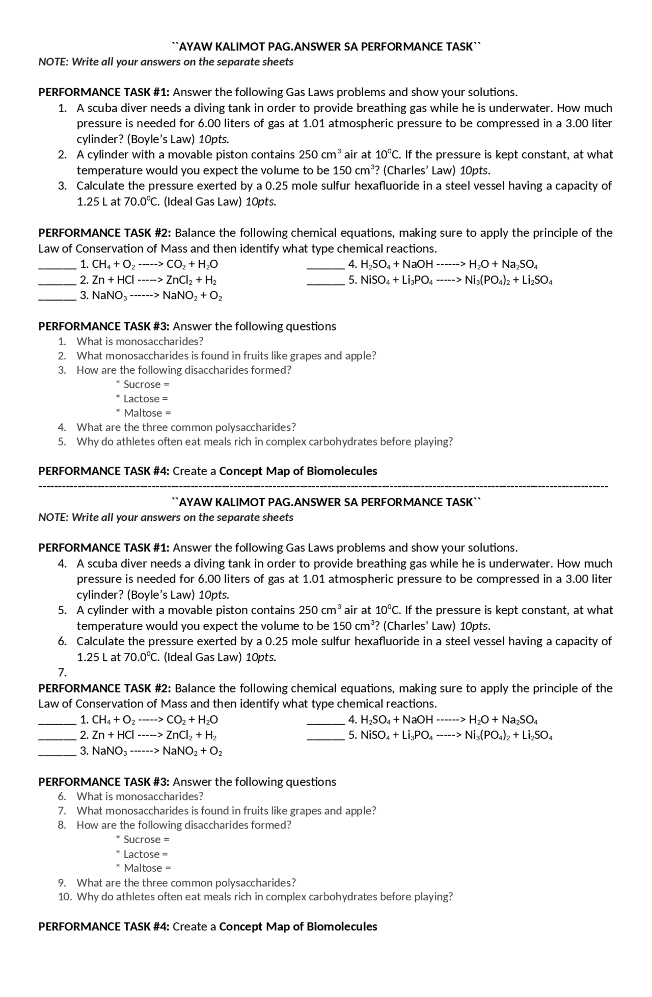 Create Performance Task 10 Questions Performance task Grde 10 - Docsity
