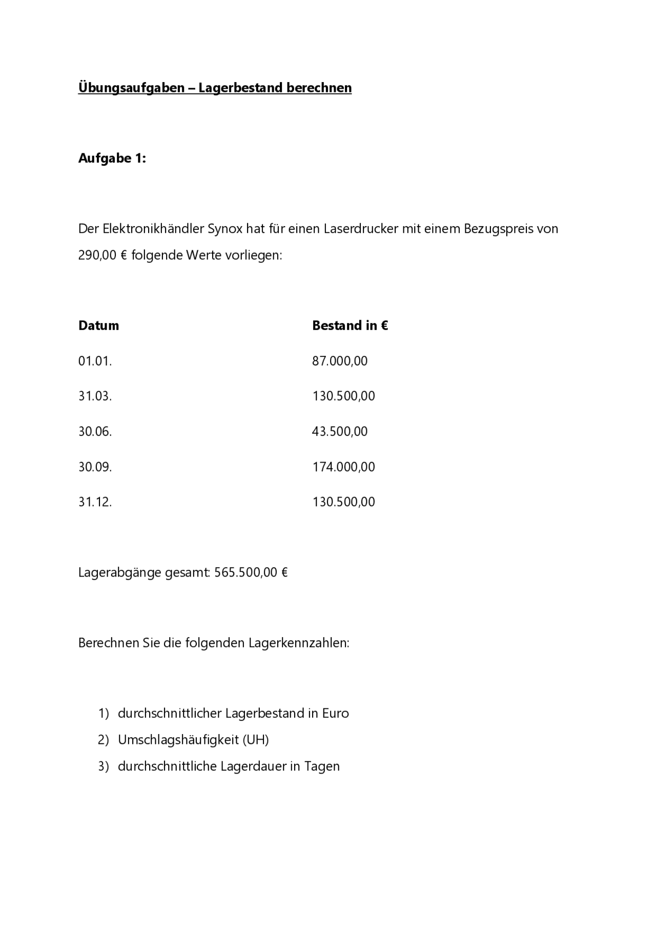 Übungsaufgaben – Lagerbestand berechnen - Lösung | Übungen