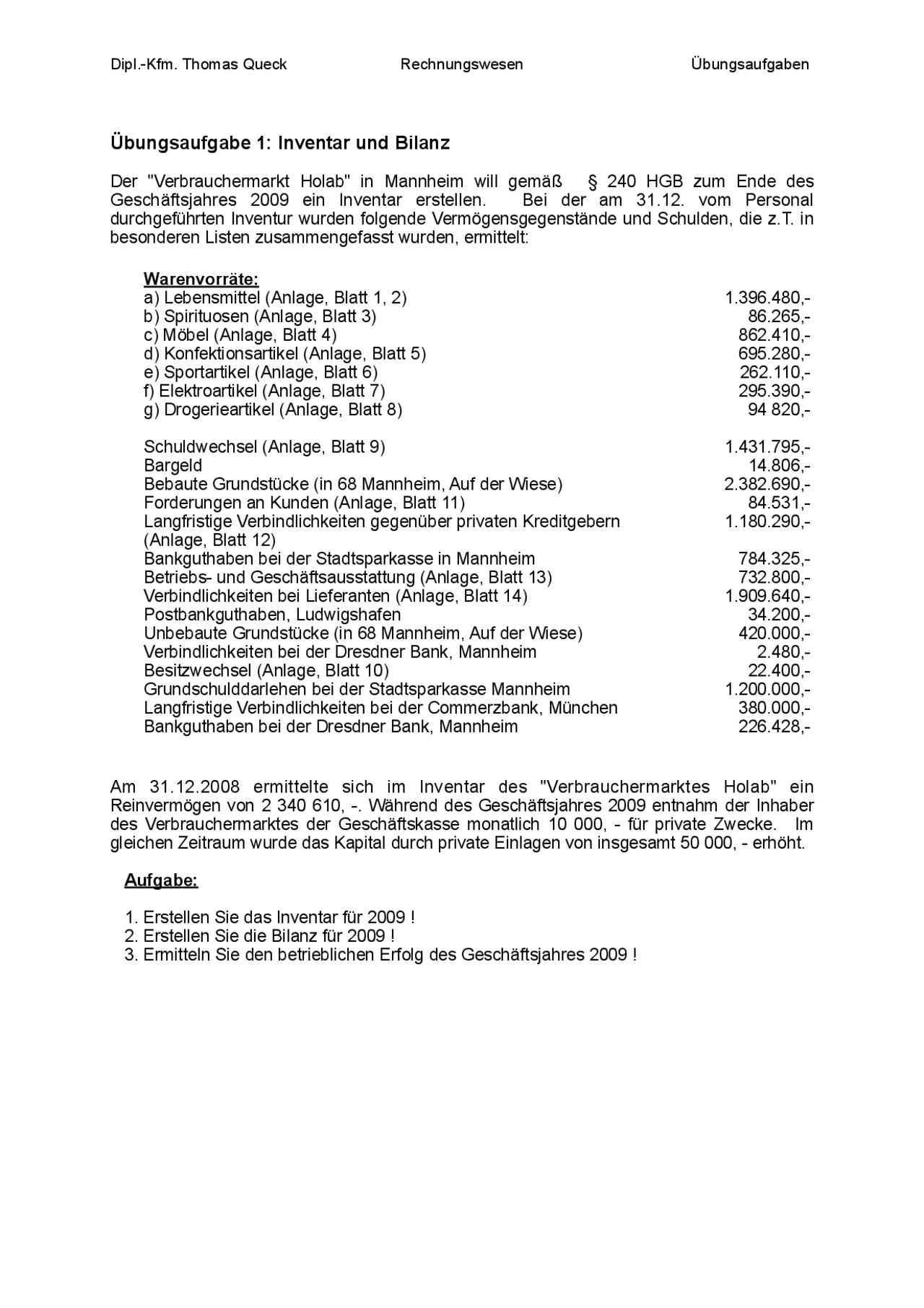 Übungsaufgabe 1: Inventar und Bilanz - Docsity