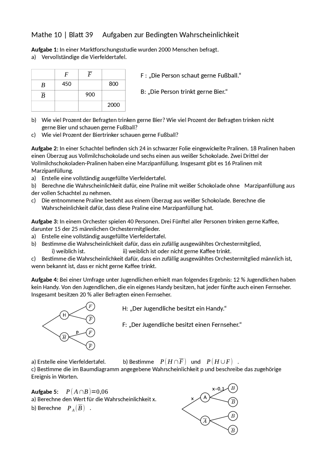 Aufgaben zur Bedingten Wahrscheinlichkeit | Übungen Mathematik | Docsity