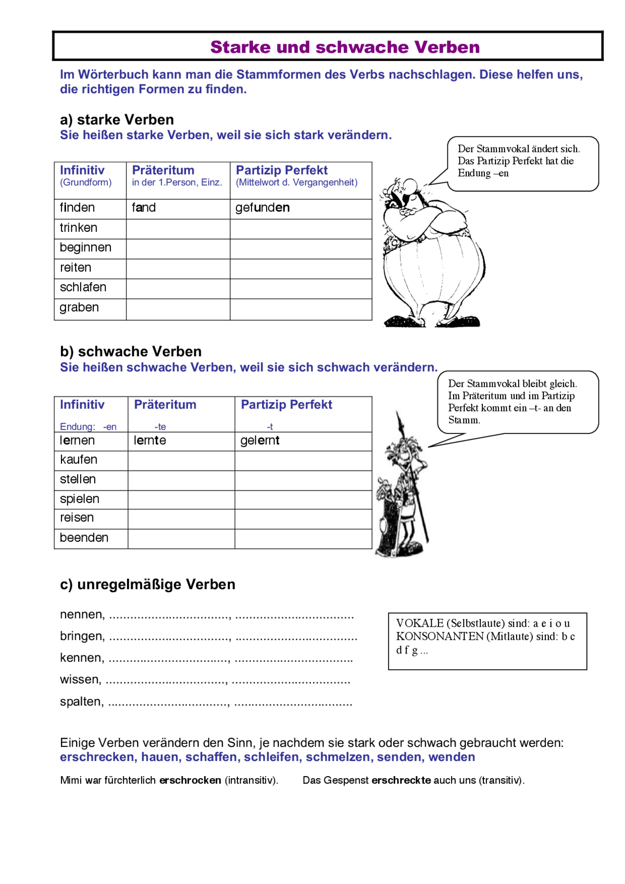 Starke und schwache Verben - Übungsaufgaben | Übungen Deutsch | Docsity
