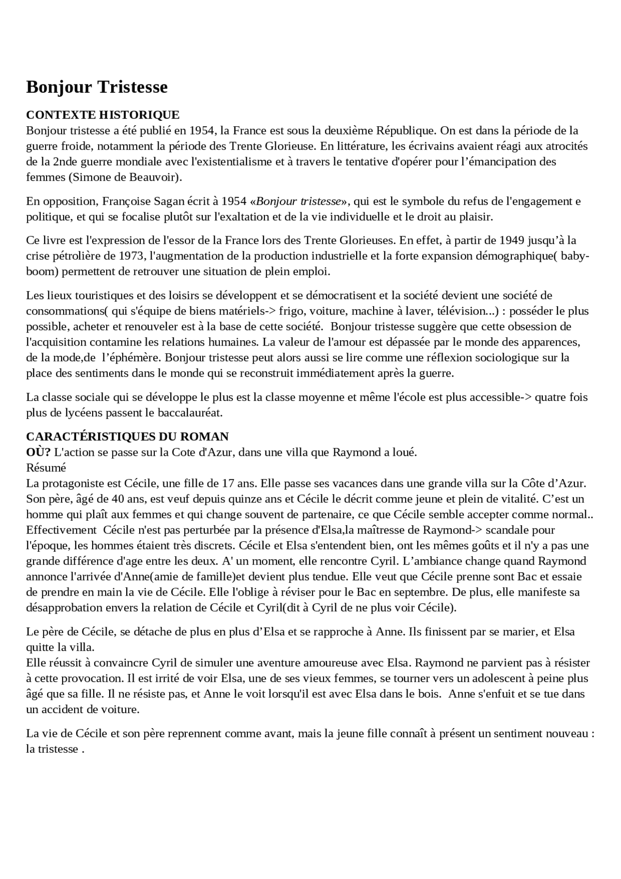 Analisi dell'opera "Bonjour tristesse" - Docsity