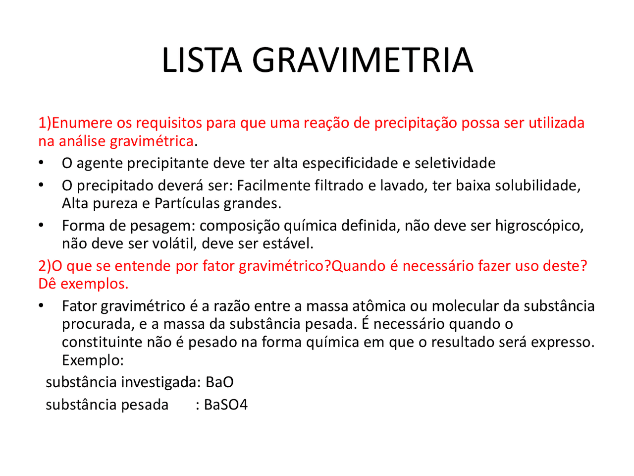 Lista de exercícios química analítica - Gravimetria | Exercícios