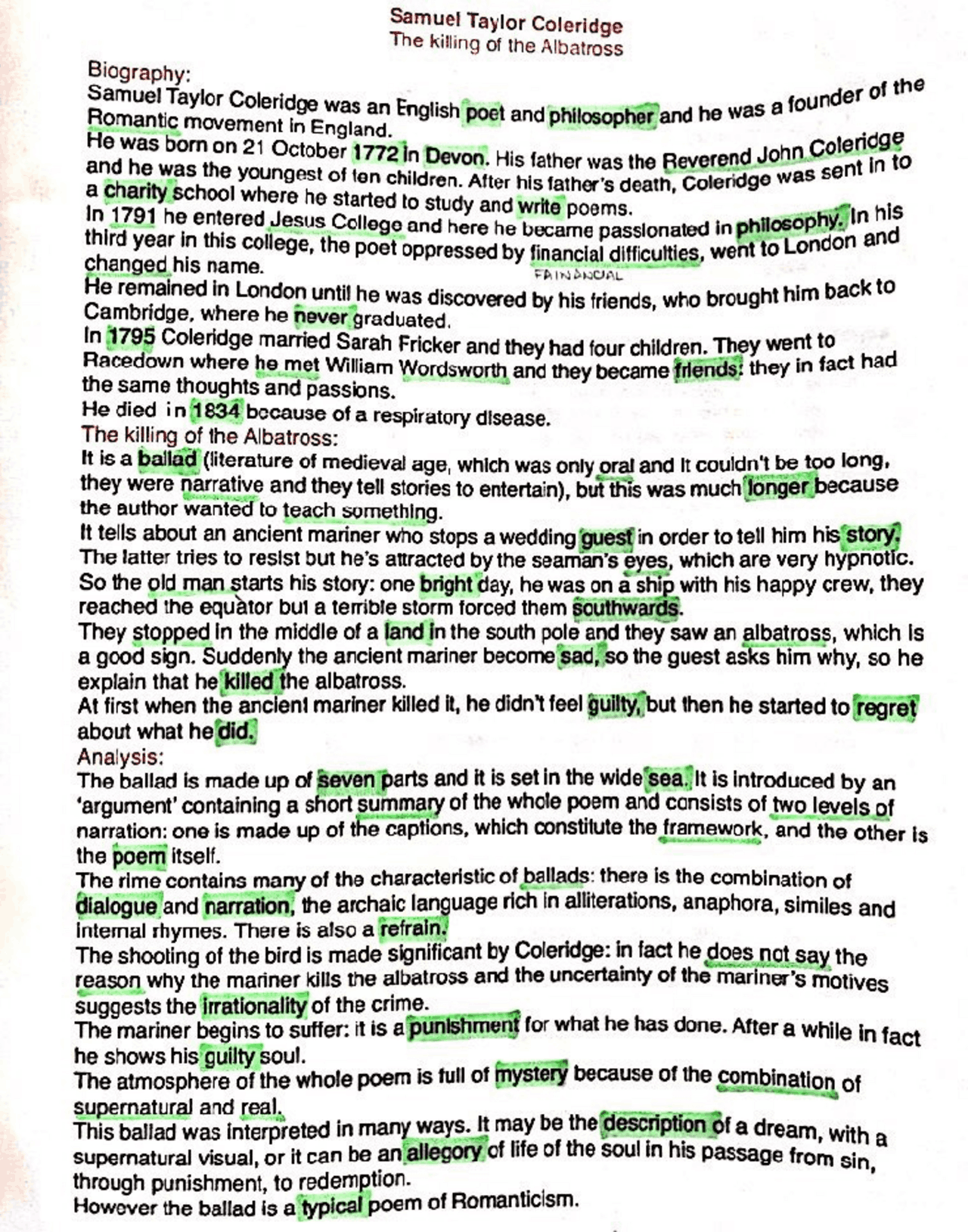 Samuel Taylor Coleridge the killing of the albatross Appunti di