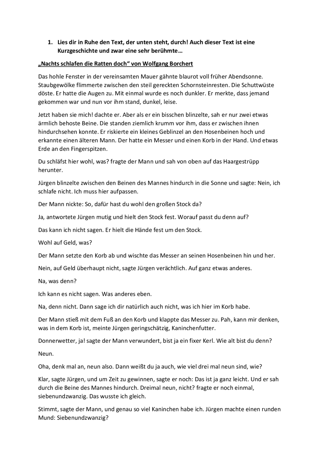 Nachts schlafen die Ratten doch (Borchert) - Text und Aufgaben