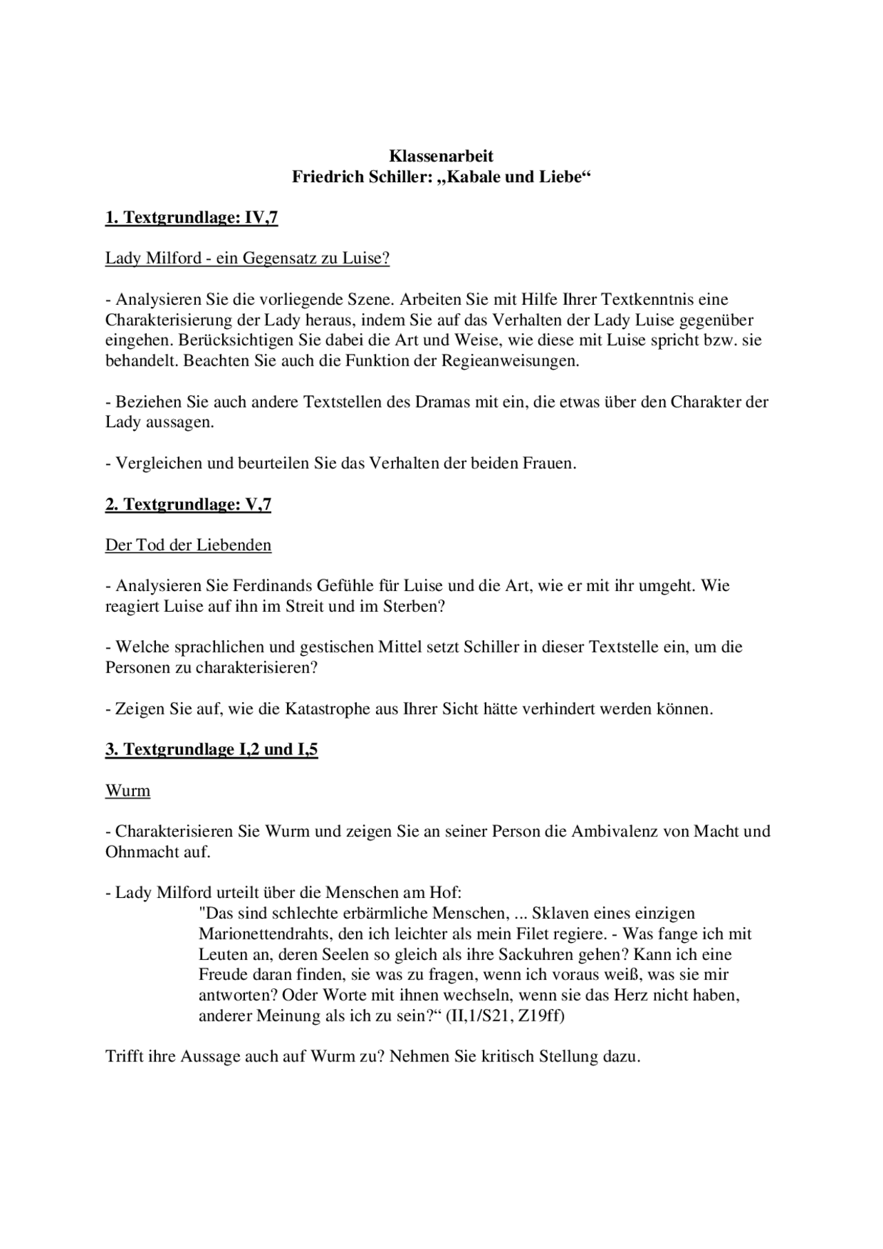 Kabale Und Liebe 5 Akt 1 Szene Zusammenfassung Klassenarbeit Friedrich Schiller: „Kabale und Liebe“ - Docsity