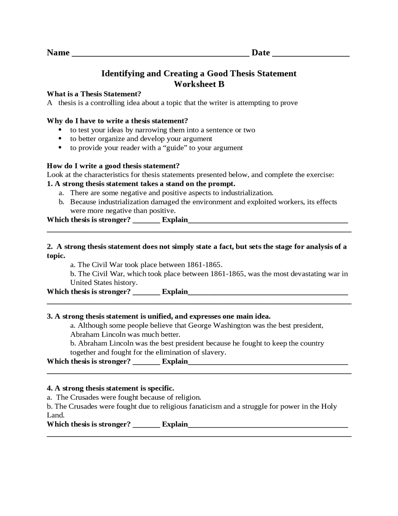 identifying thesis statement worksheet middle school