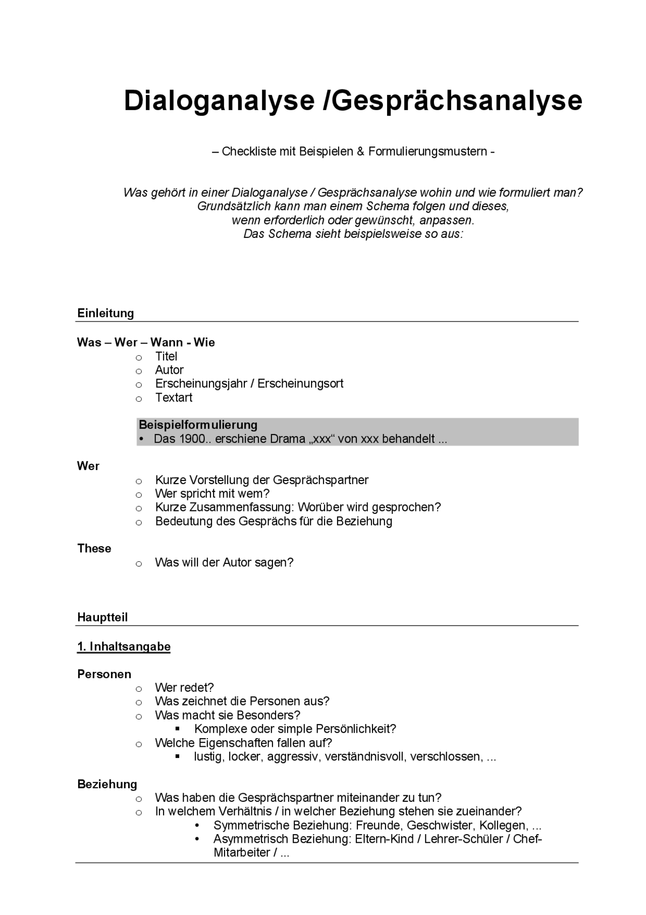 Wie Schreibt Man Eine Dialoganalyse Deutsch - Dialoganalyse - Gesprächsanalyse - Docsity