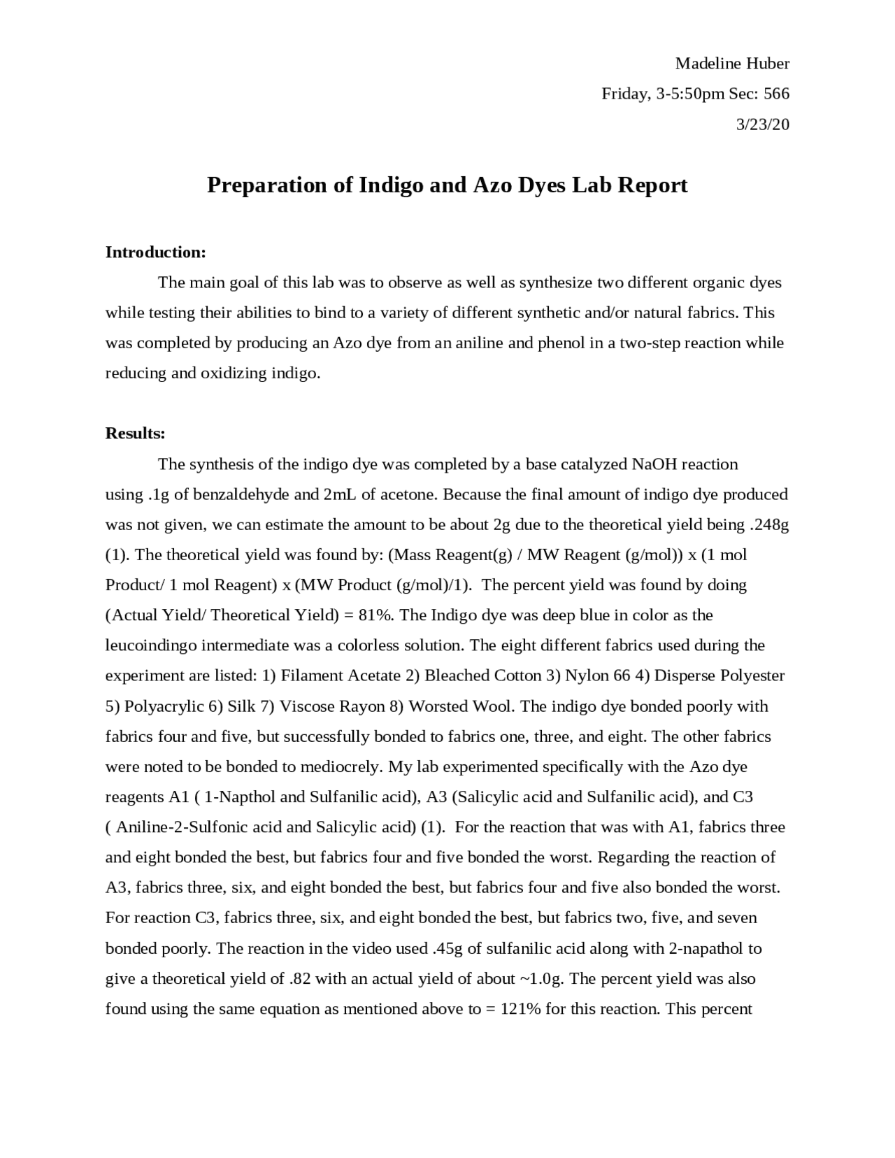 Preparation of indigo lab report Docsity