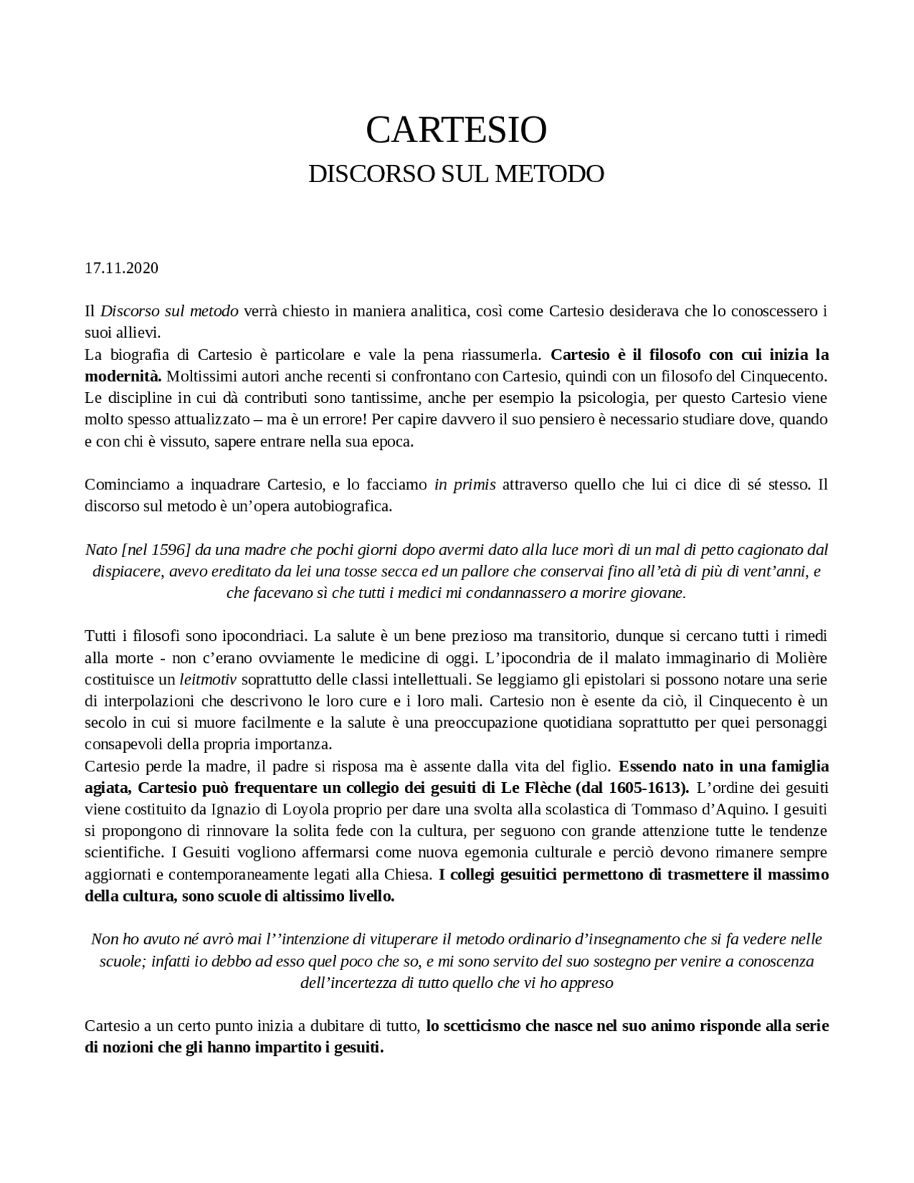 Cartesio, discorso sul metodo Docsity