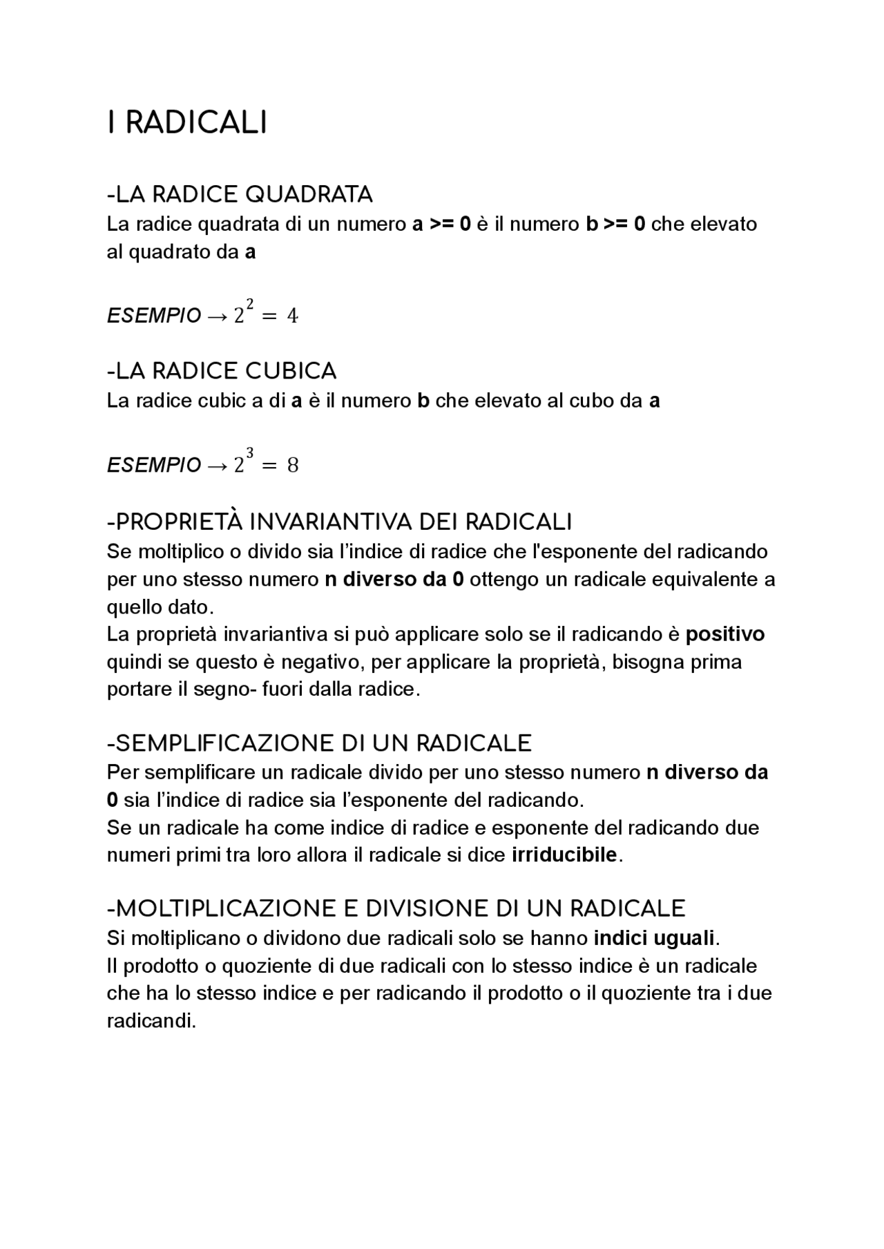 Radicali I radicali teoria e formule | Appunti di Matematica | Docsity