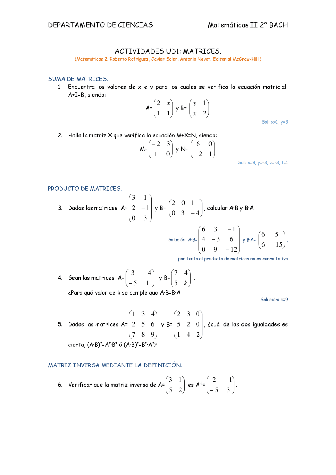 Actividades de matrices (matemáticas 2º de Bach) - Docsity