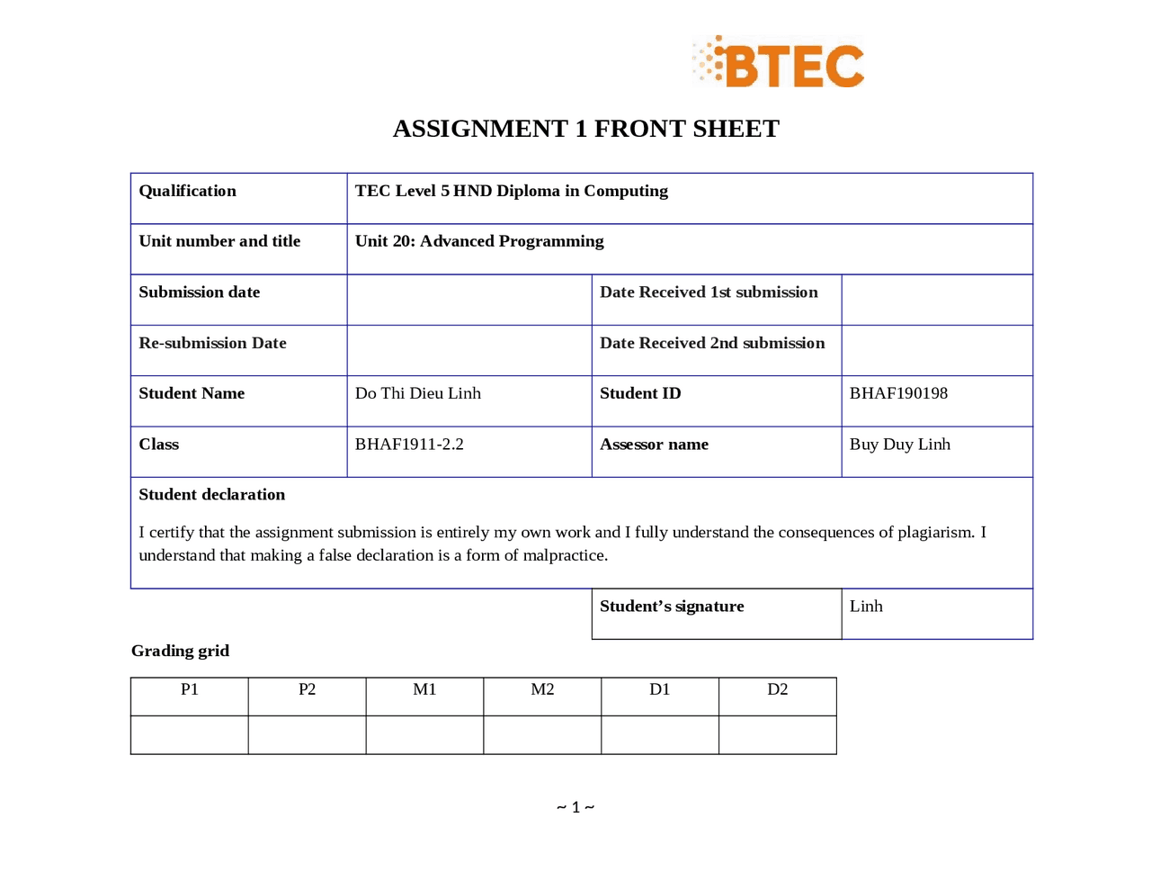 Assignment 1: Unit 20 Advanced Programming | Assignments Advanced Data ...