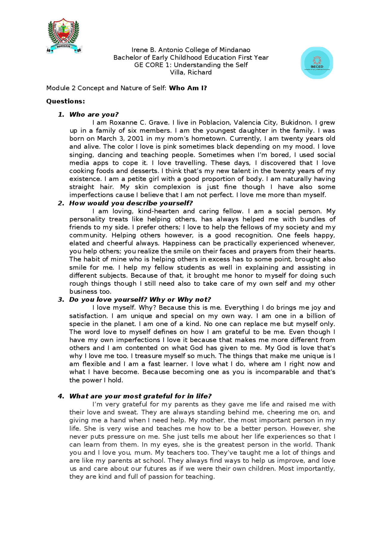 Self Assignment Modul Understanding Self Module 2, Module 3, and Module 4 and 5. It includes ...