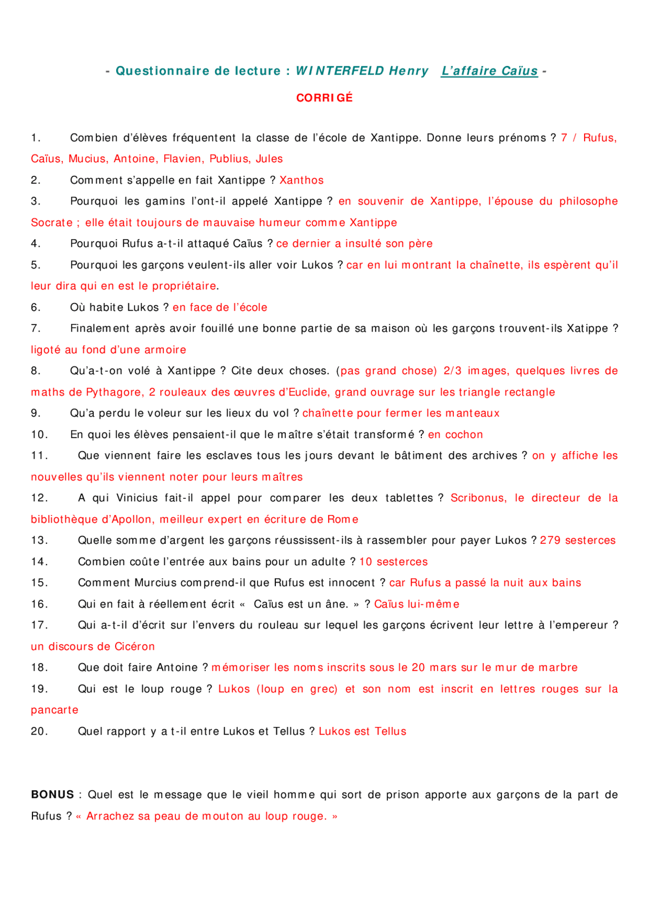 L’affaire Caïus Questionnaire de lecture Corrigé Exercices Littérature Docsity L’affaire Caïus Questionnaire de lecture Corrigé Exercices Littérature Docsity