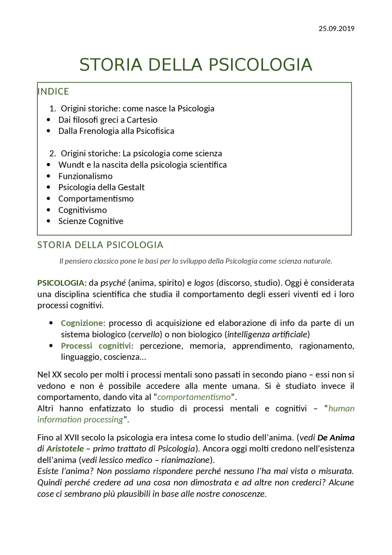 Storia della Psicologia Notes de Psychologie Docsity