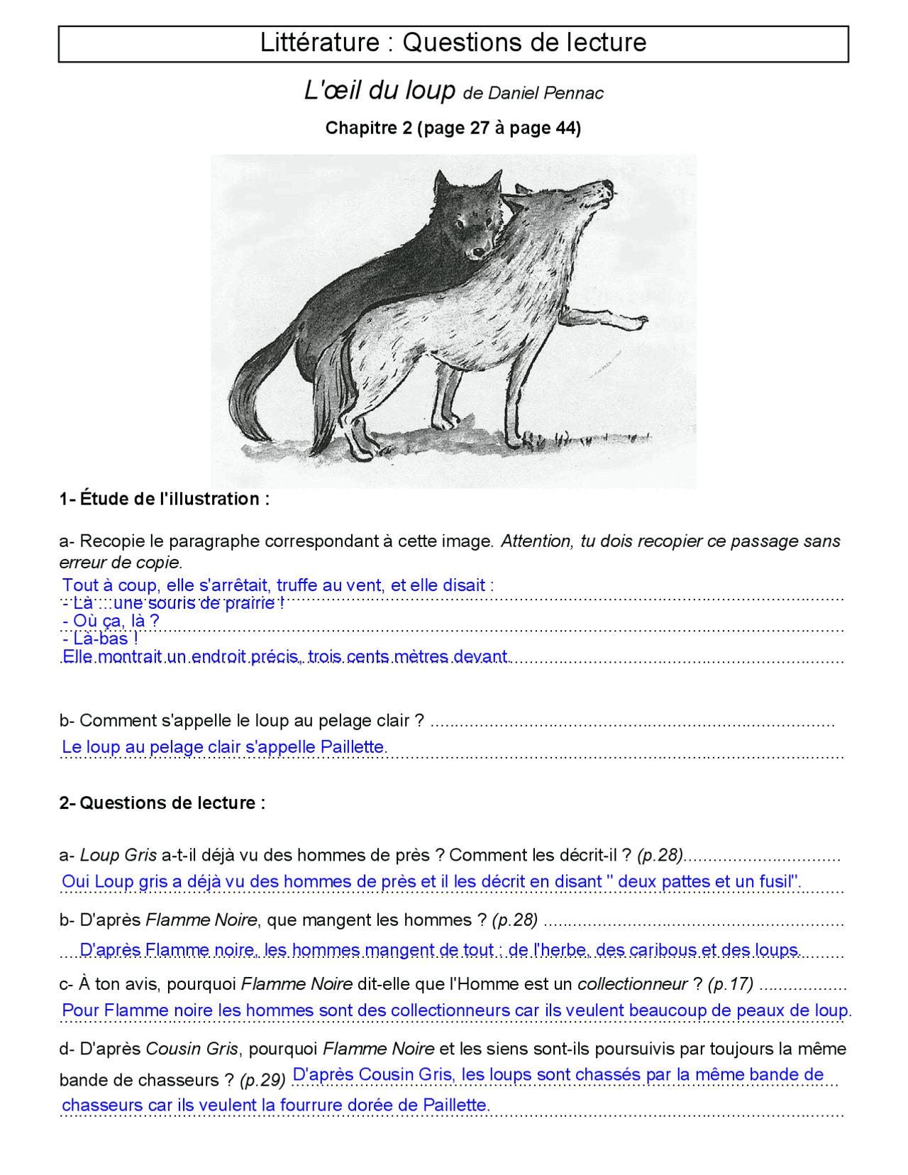 L'oeil du loup de Daniel Pennac Questions de lecture corrigés Exercices Littérature Docsity L'oeil du loup de Daniel Pennac Questions de lecture corrigés Exercices Littérature Docsity