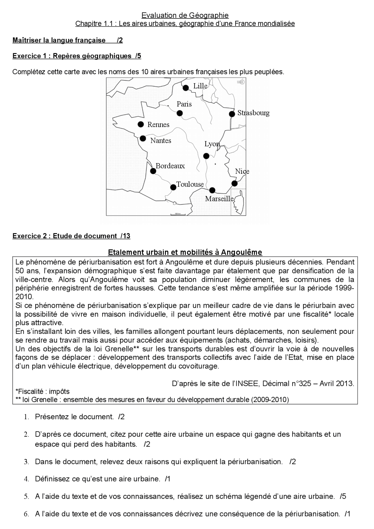 Brevet Blanc Les Aires Urbaines Corrigé Les aires urbaines, géographie d'une France mondialisée | Exercices  Géographie | Docsity