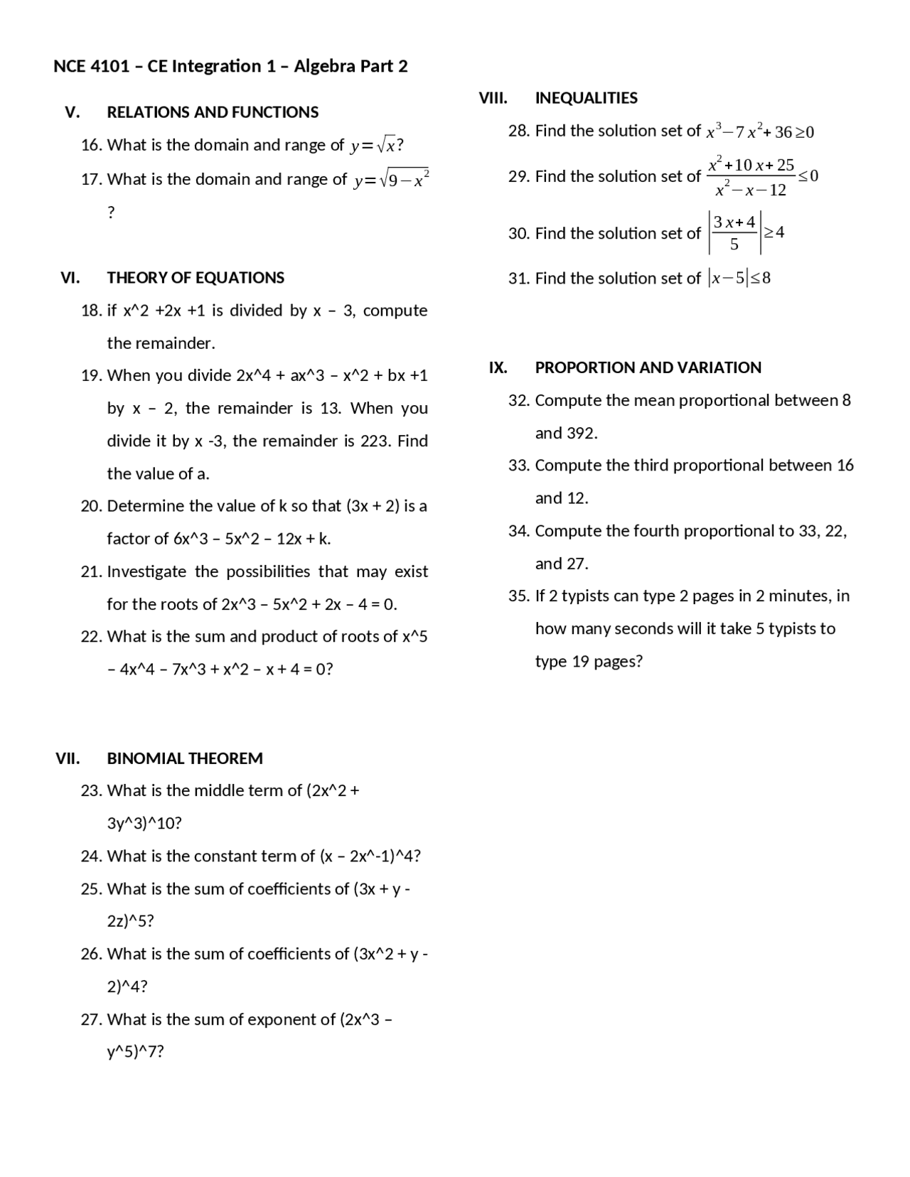 Math Algebra Exercises and Answers - Docsity
