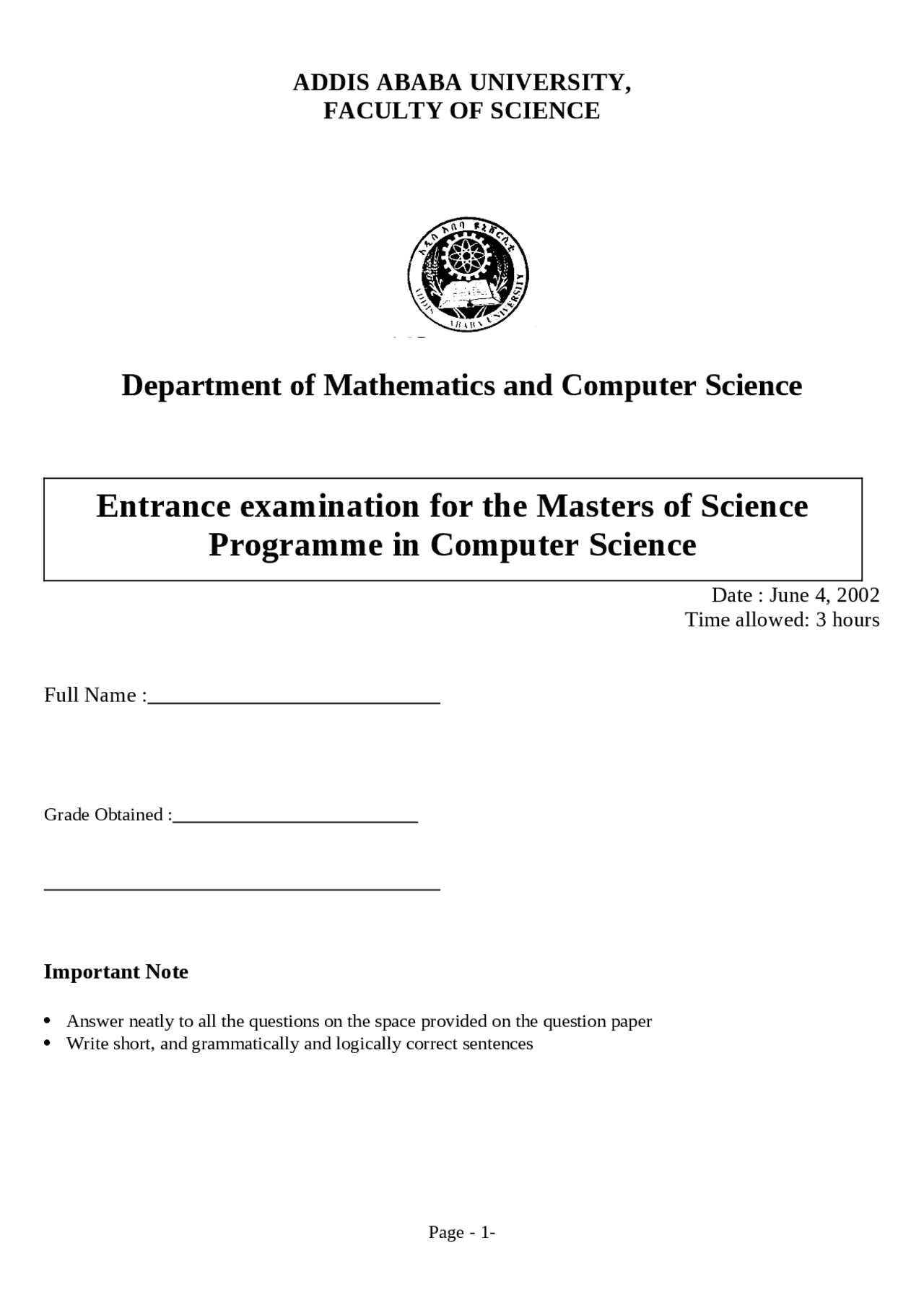 Entrance Exam For Computer Science Exams Software Engineering Docsity