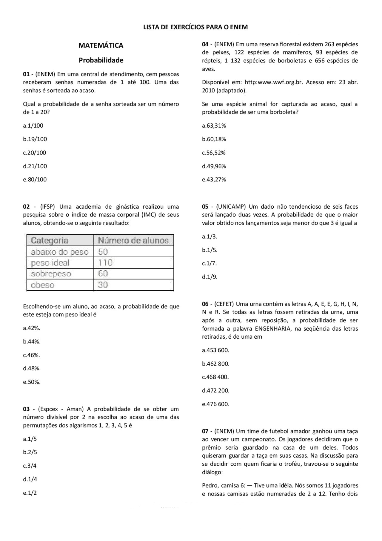 Exercícios De Probabilidade Enem - NAZAEDU