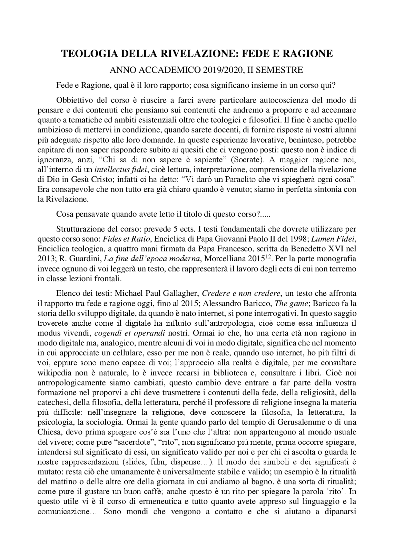Teologia della Rivelazione - Docsity