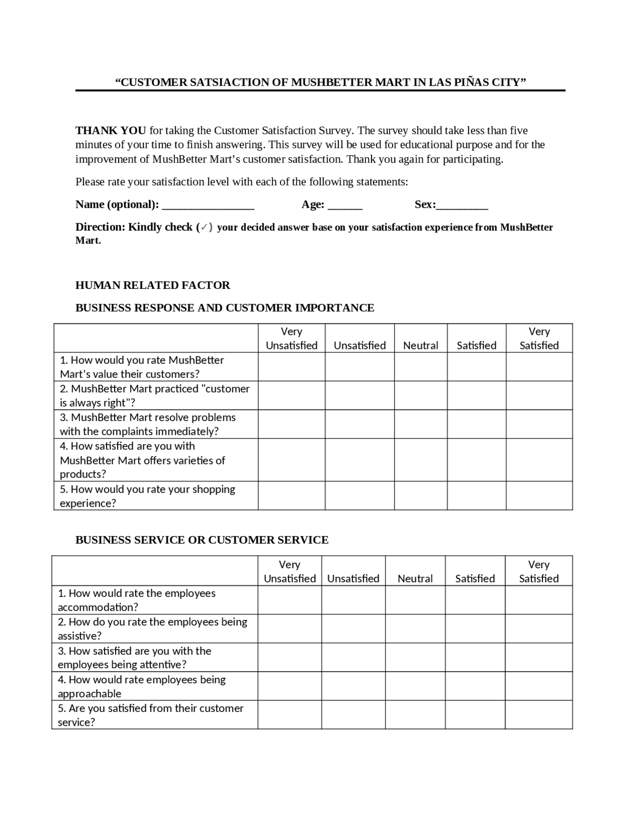 Questionnaire Survey For Customer Satisfaction