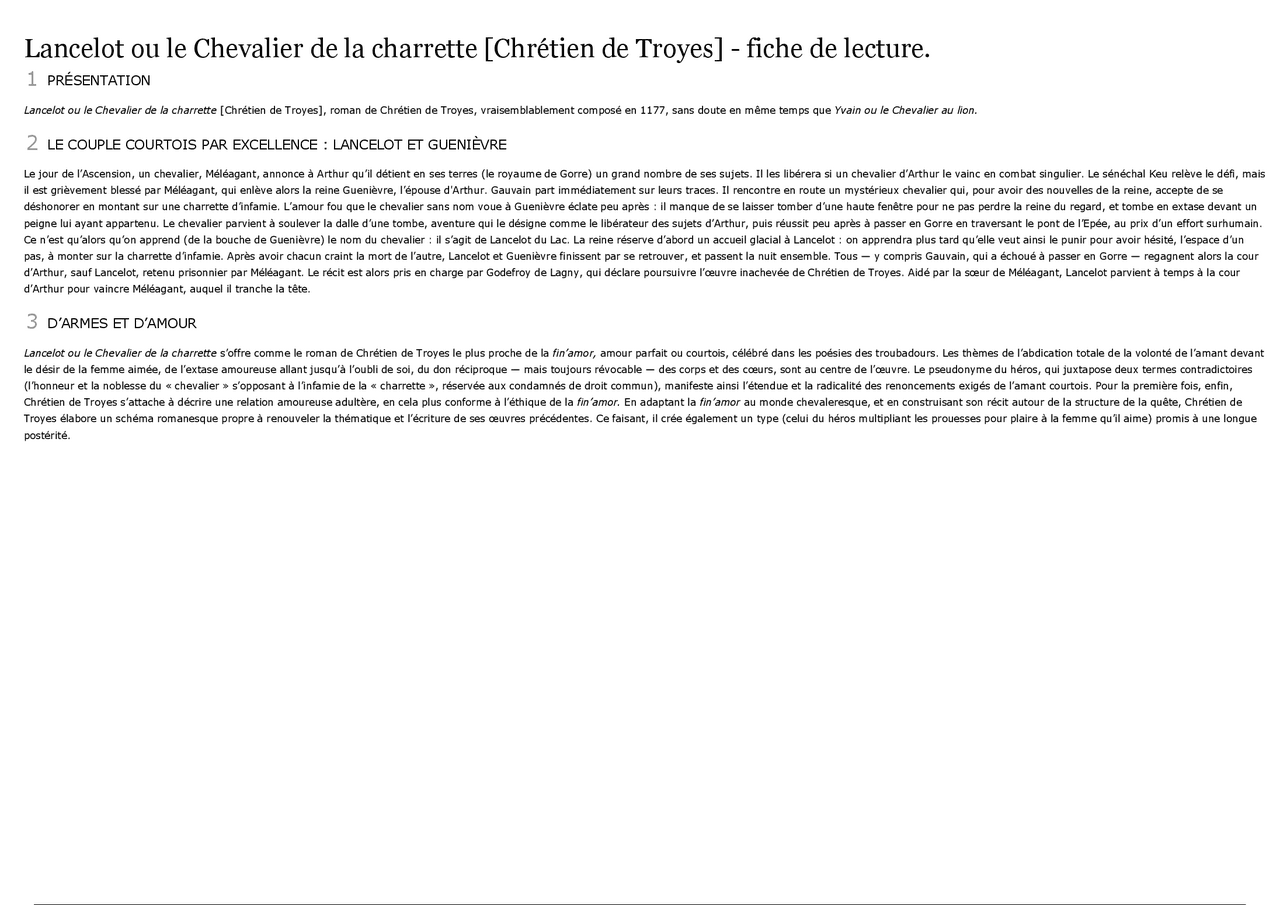 Lancelot ou le Chevalier de la charrette [Chrétien de Troyes] - fiche