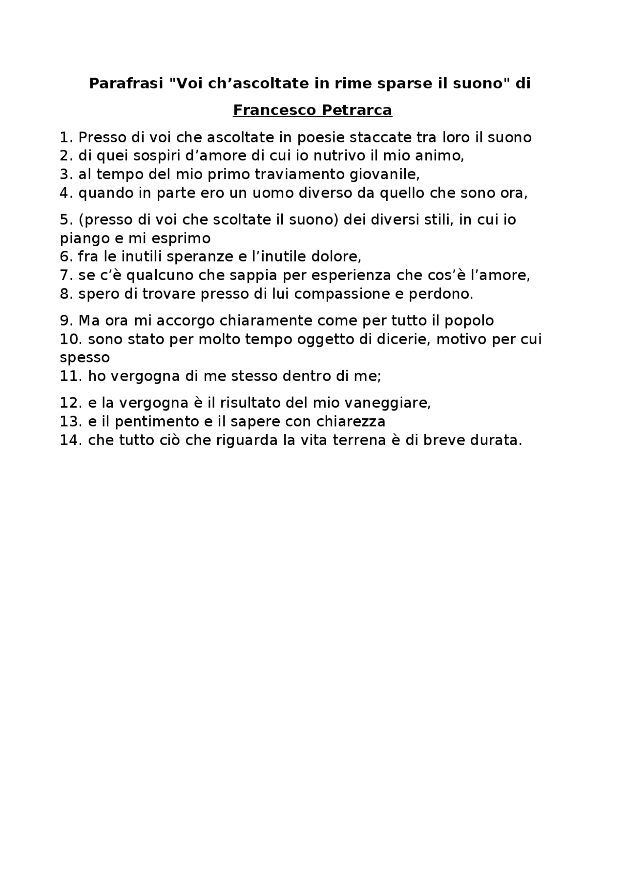 Voi ch'ascoltaste in rime sparse il suono analisi Docsity