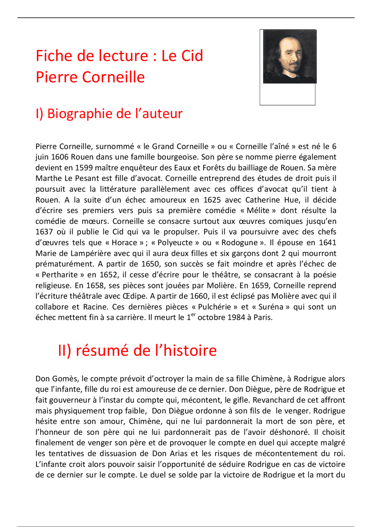 Fiche de lecture: Le Cid de Pierre Corneille - Docsity