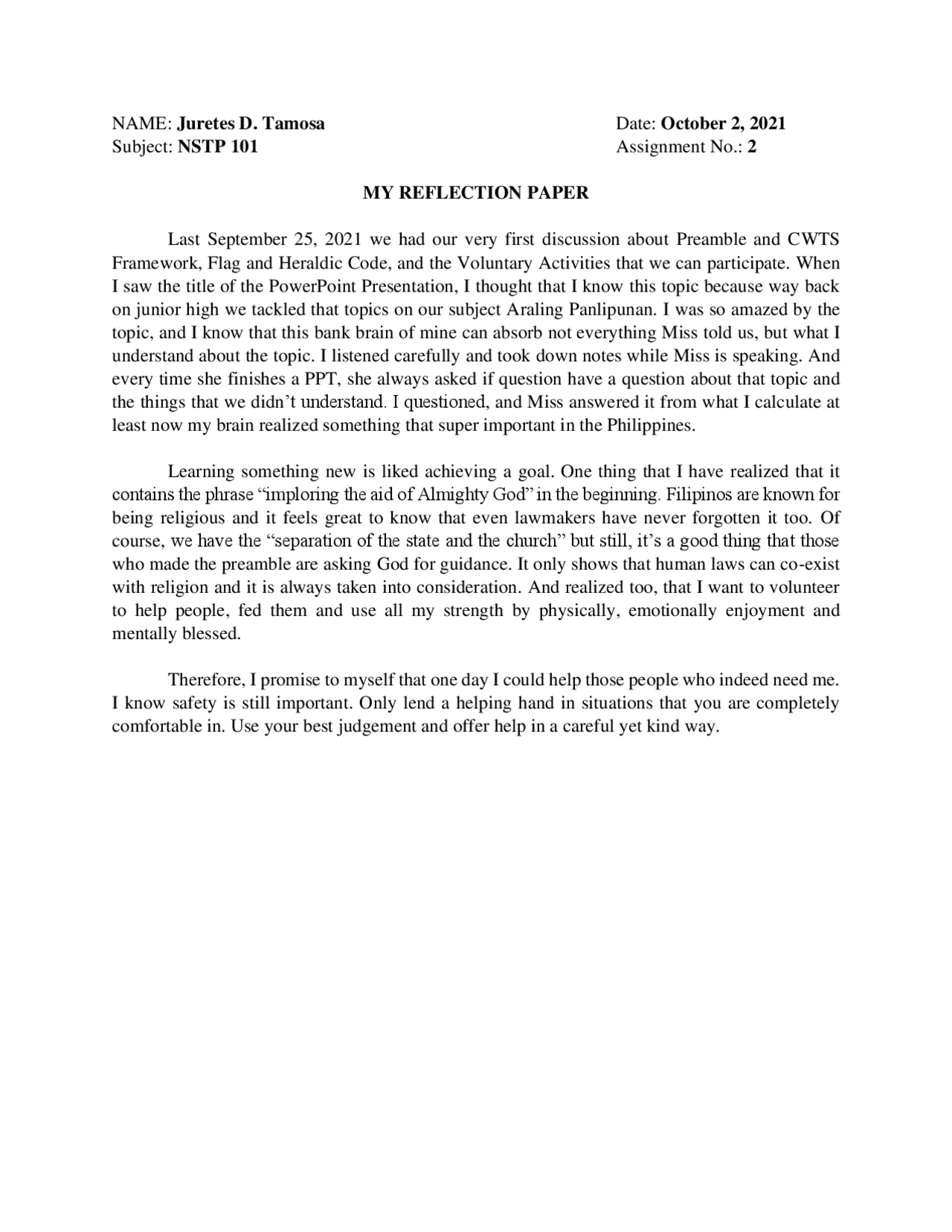 Reflection About Topic Reflection about the topic - Docsity