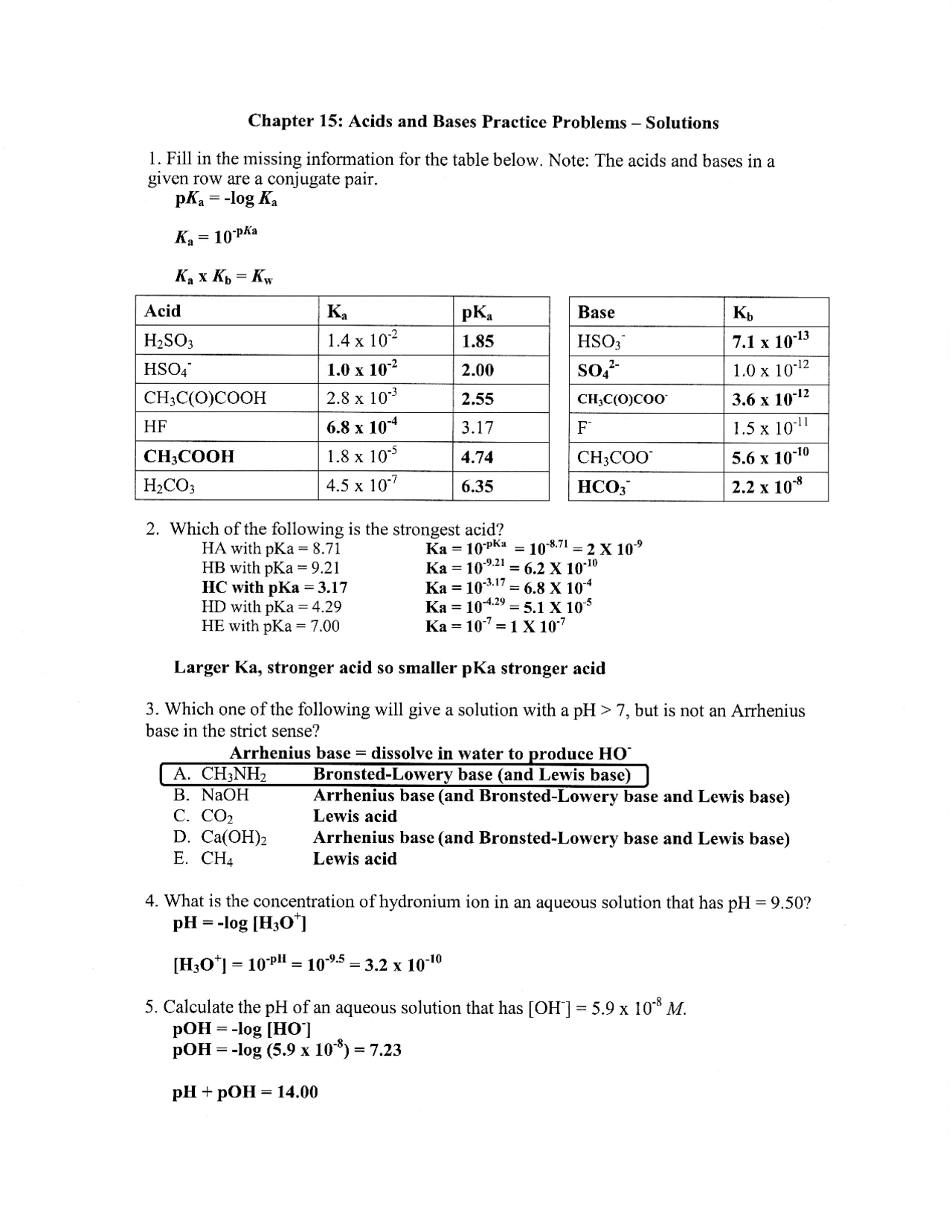 Math Acid Problem Acid and Base practice problems - Docsity