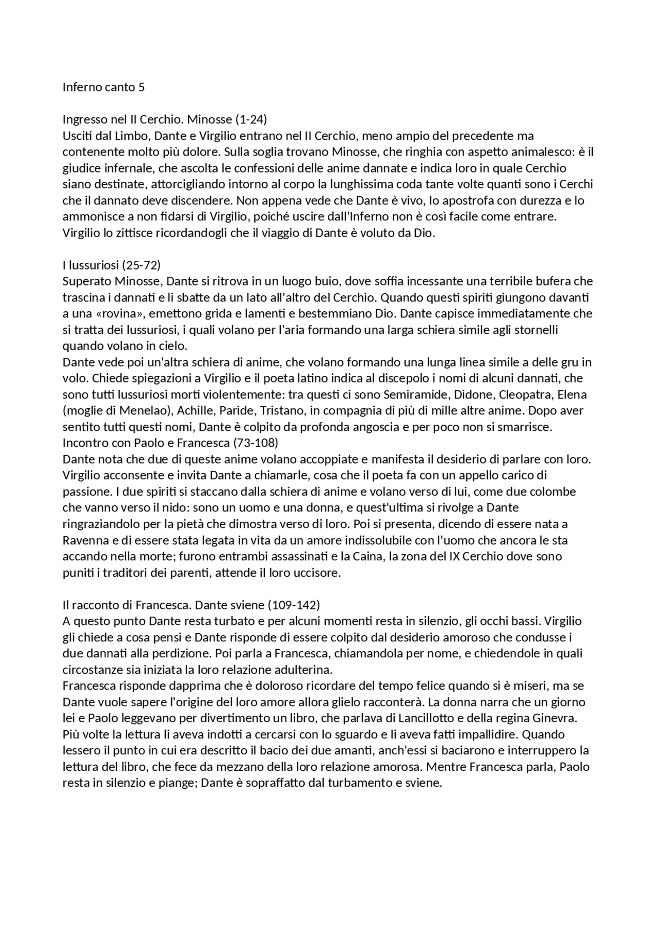 Riassunto canto 5 inferno Docsity