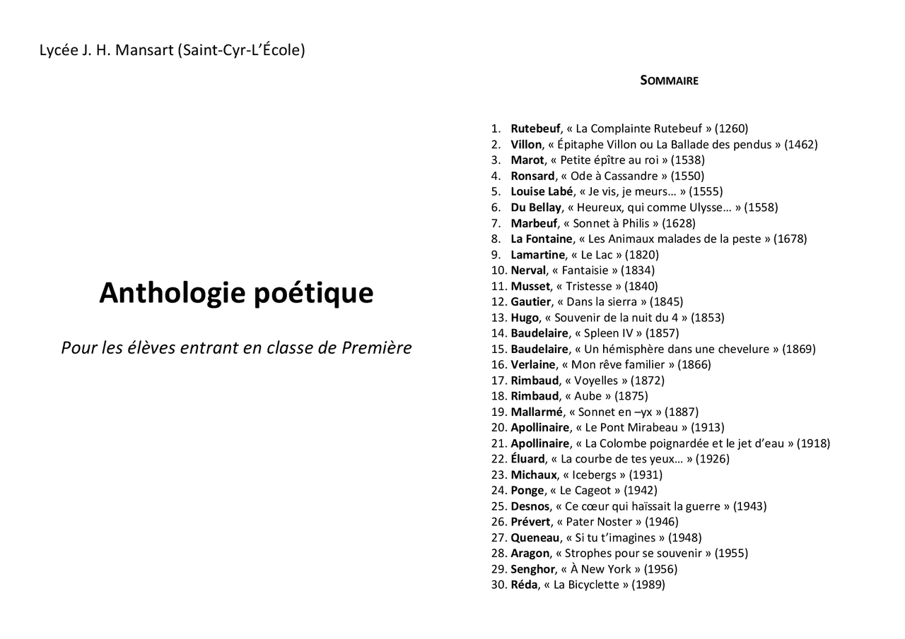 Anthologie Poétique Exemple Page De Garde