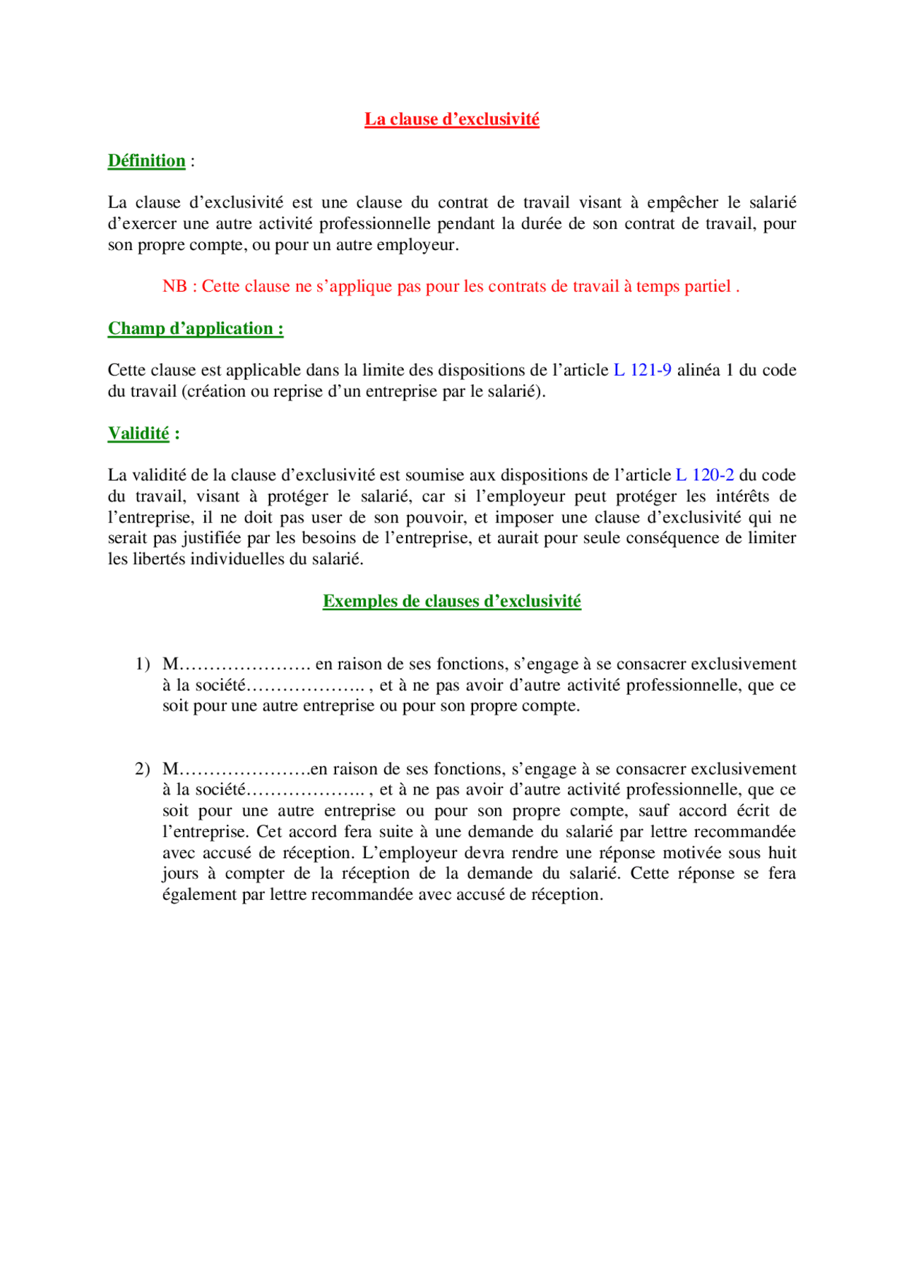 Exemples de clause d’exclusivité - Docsity