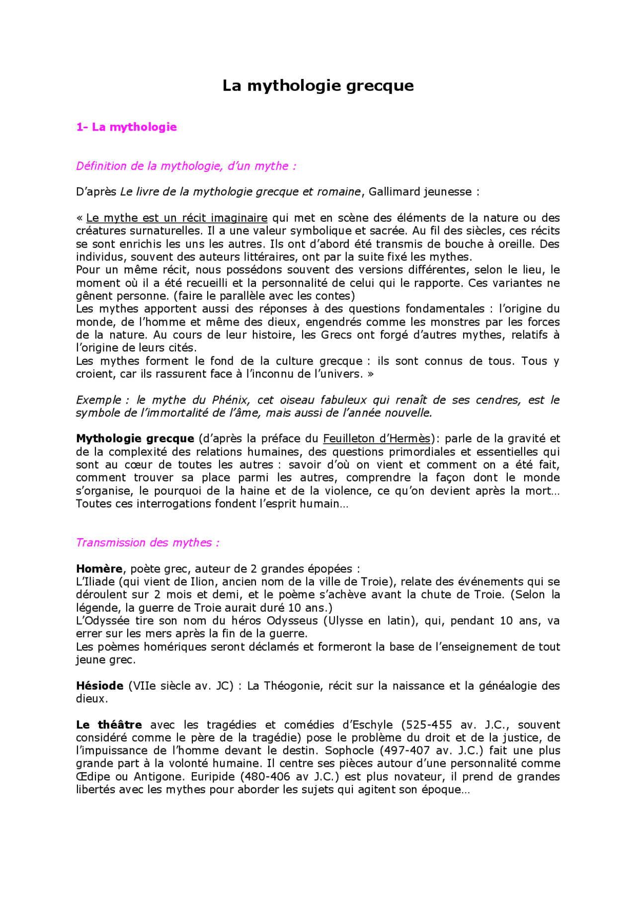 Définition mythologie grecque, Dieux grecs et romains, mythe Docsity