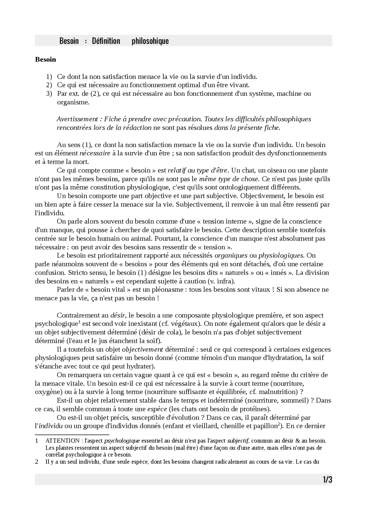 Fiche Définition philosophique du Besoin Résumés Philosophie Docsity