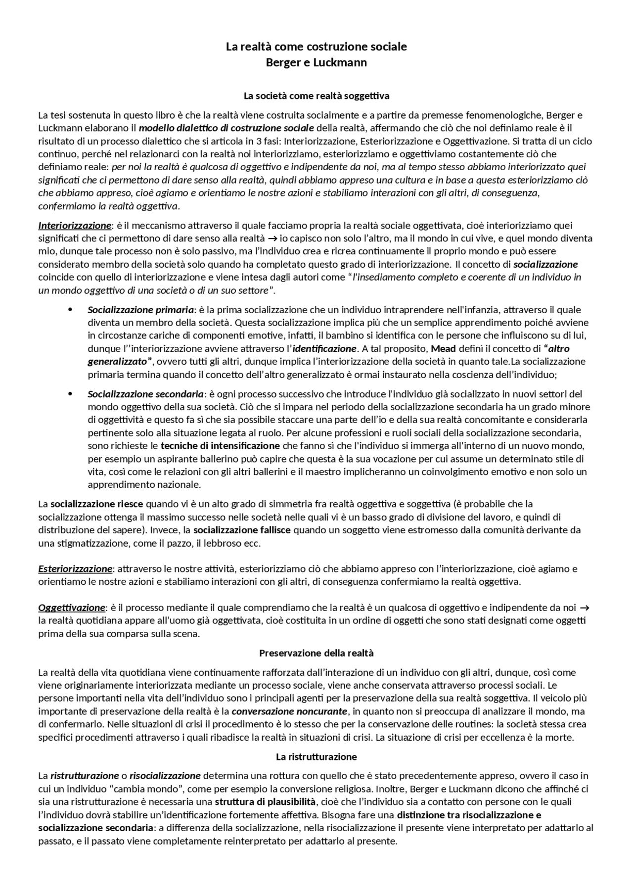 Riassunto Cap 3 De La Realt Come Costruzione Sociale Berger E 