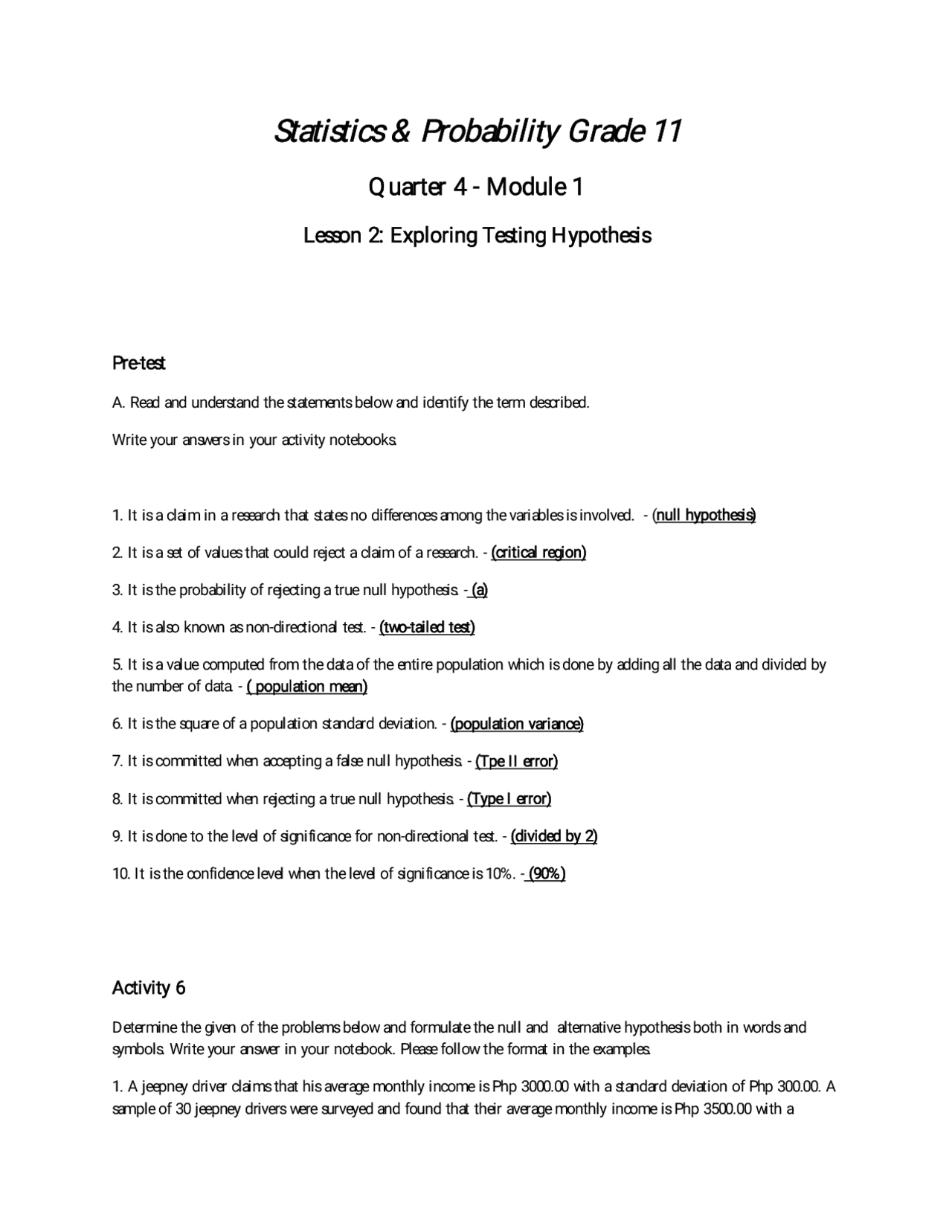 Statistic & Probability Quarter 4 Lesson 2 (My Answers) | Quizzes ...