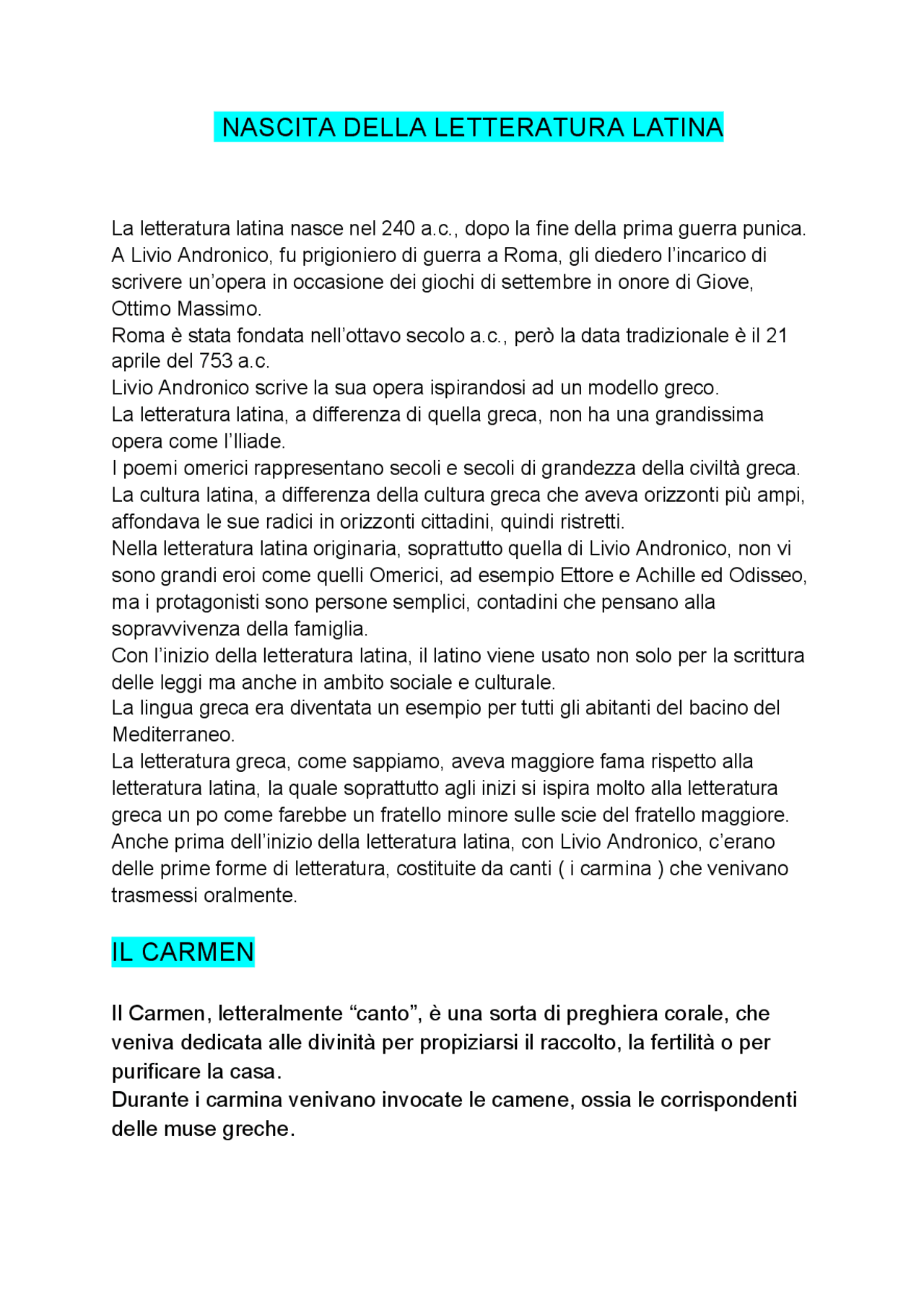 Nascita della letteratura latina Docsity