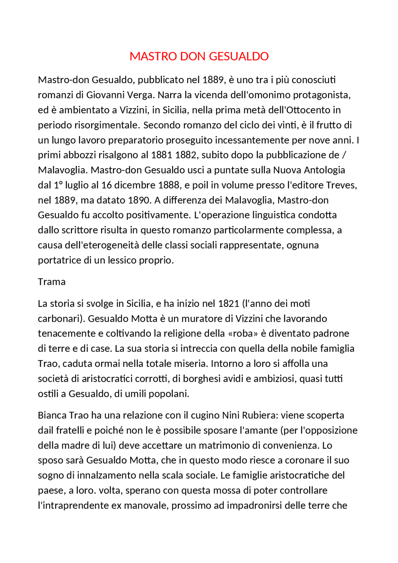 BREVE RIASSUNTO DI MASTRO DON GESUALDO Docsity