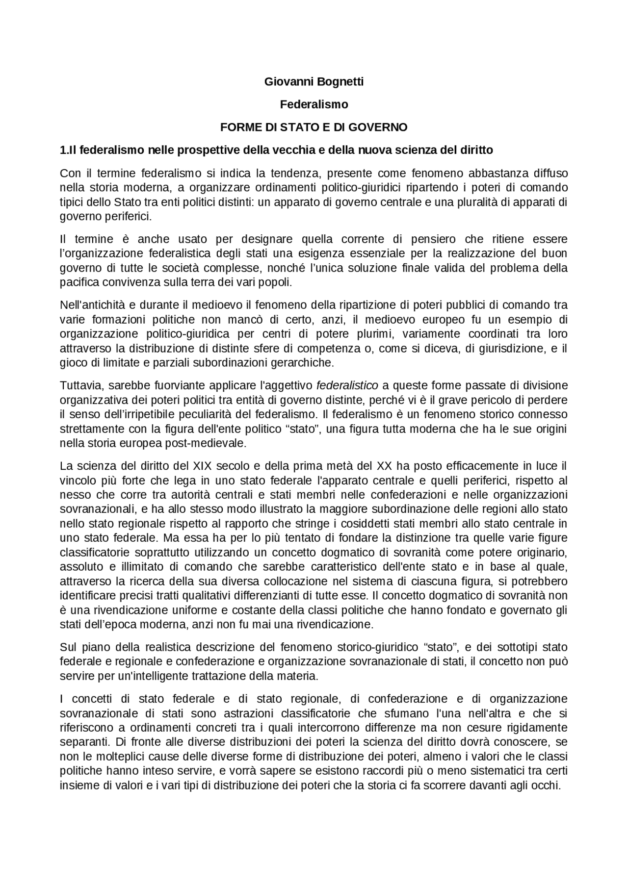 Riassunti Completi Libro Il Federalismo Di Bognetti Diritto Pubblico 